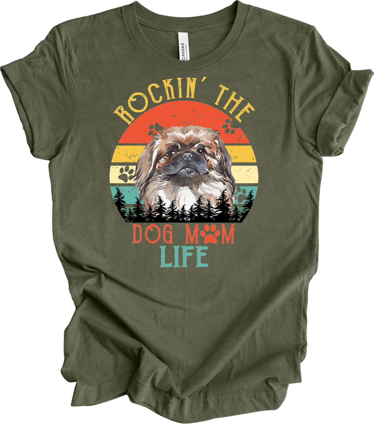 Pekingese Dog Mom Life Retro Sunset T-Shirt in Heather Military Green