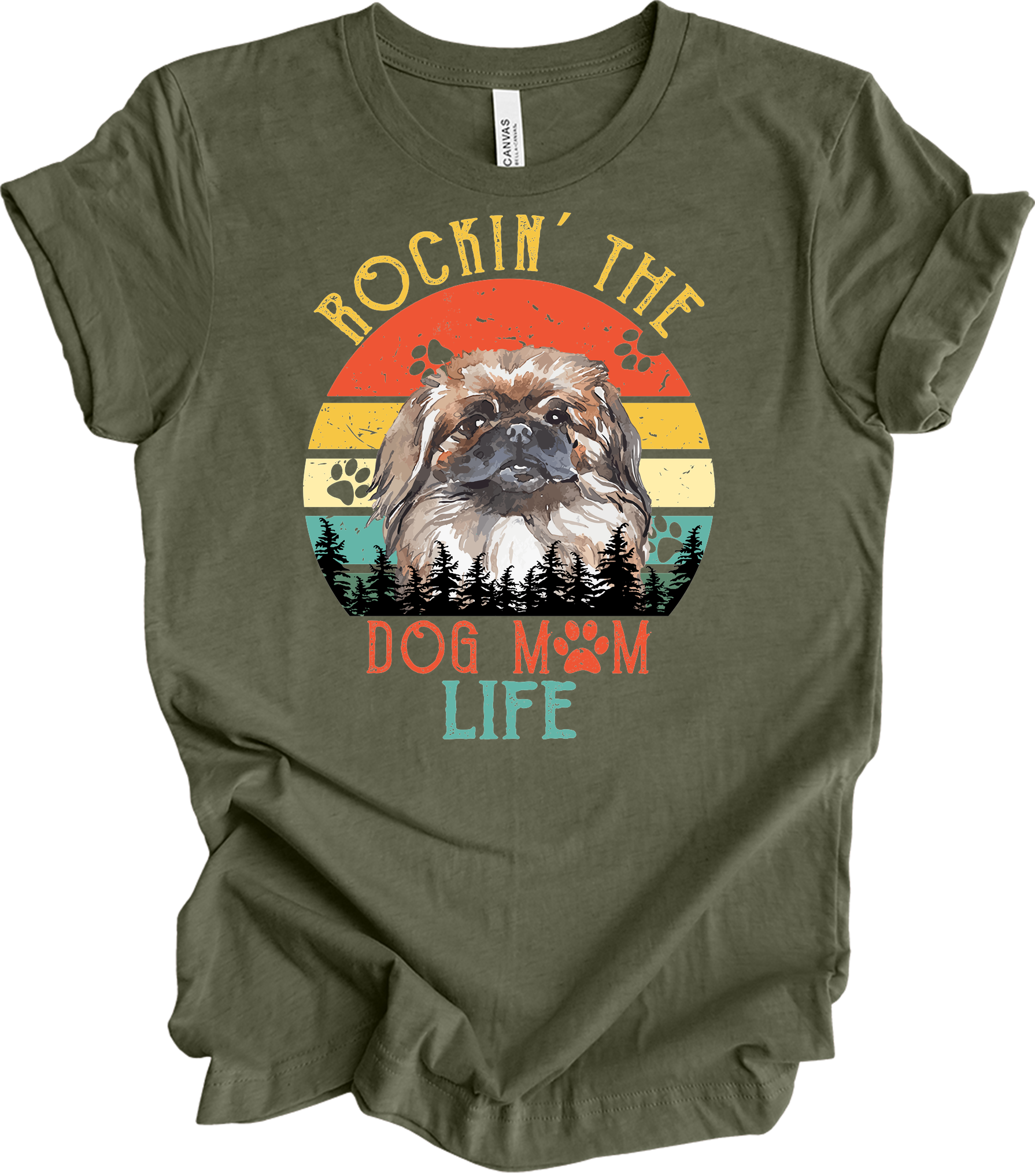 Pekingese Dog Mom Life Retro Sunset T-Shirt in Heather Military Green