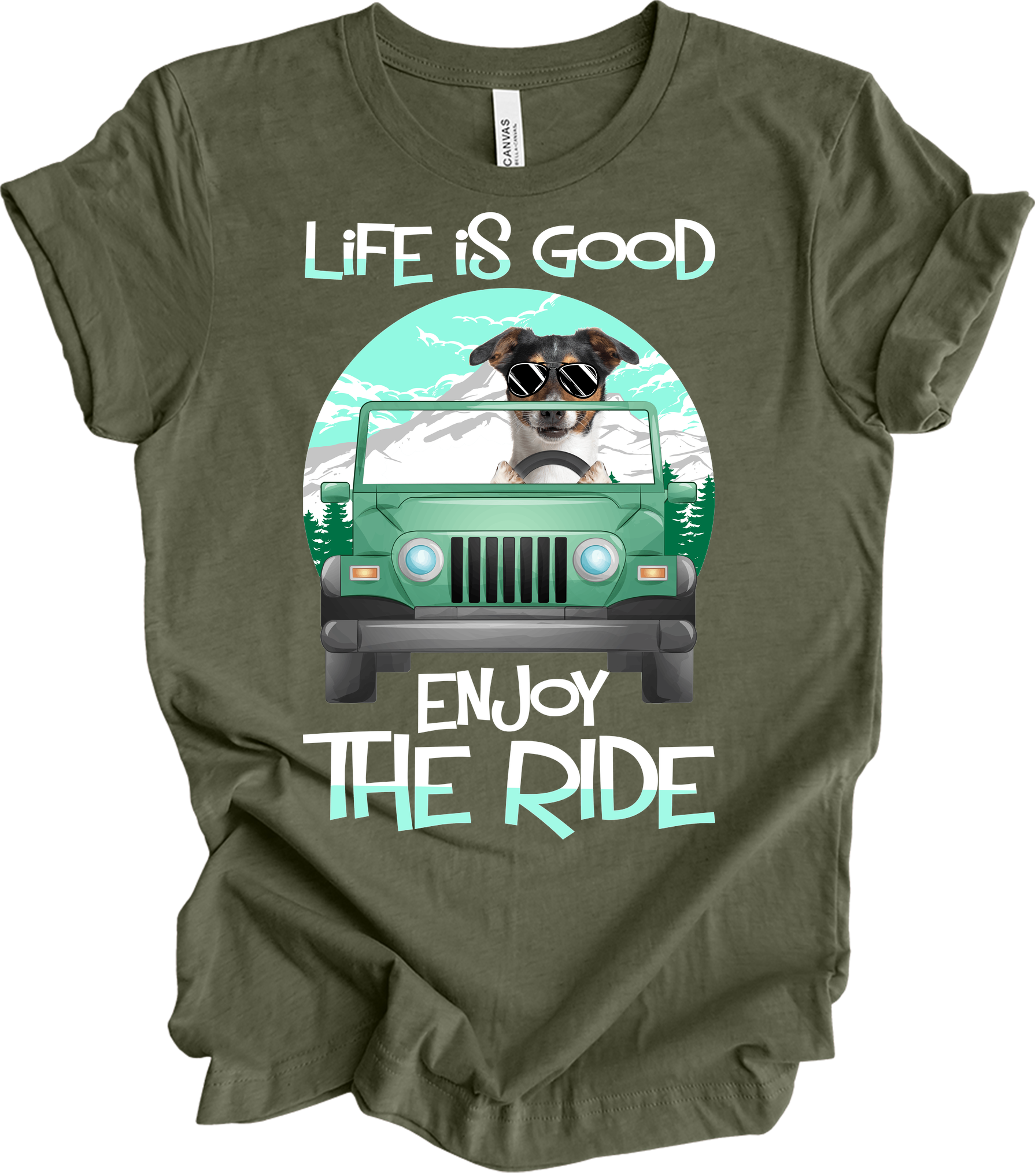 Jeeps and Dogs - Funny Jack Russell Terrier Owner Gift T-Shirt in Heather Military Green