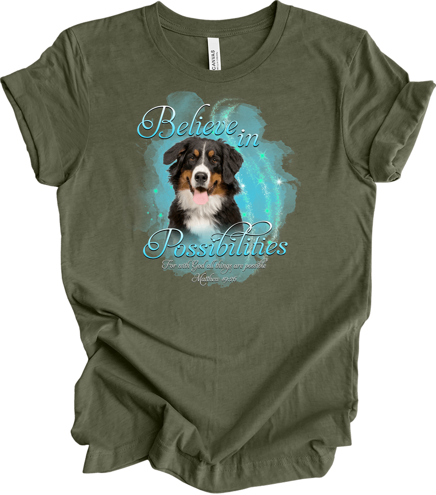 Bernese Dog 'Believe' T-Shirt in Heather Military Green