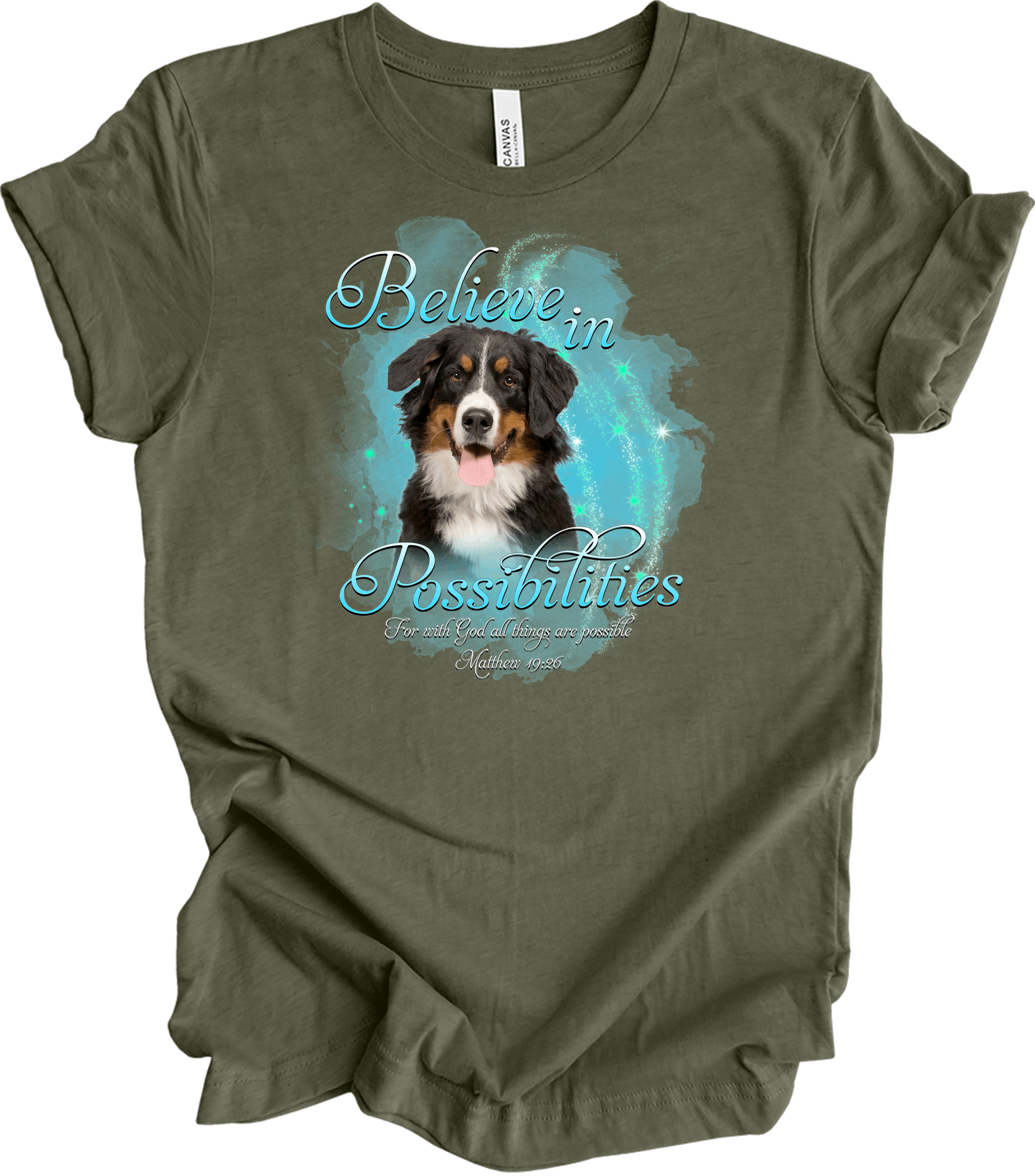 Bernese Dog 'Believe' T-Shirt in Heather Military Green