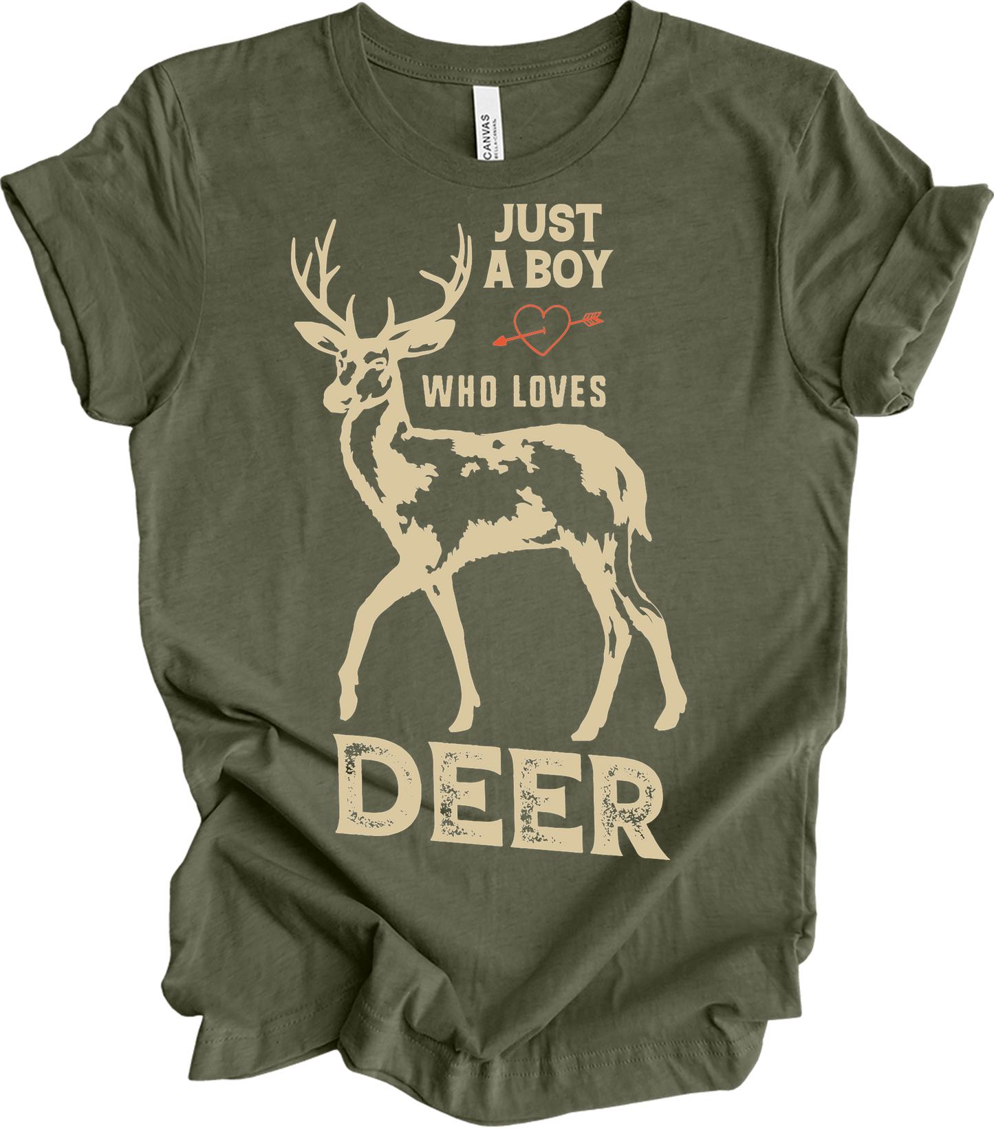Just A Boy Who Loves Deer - Funny Hunter Gift T-Shirt in Heather Military Green