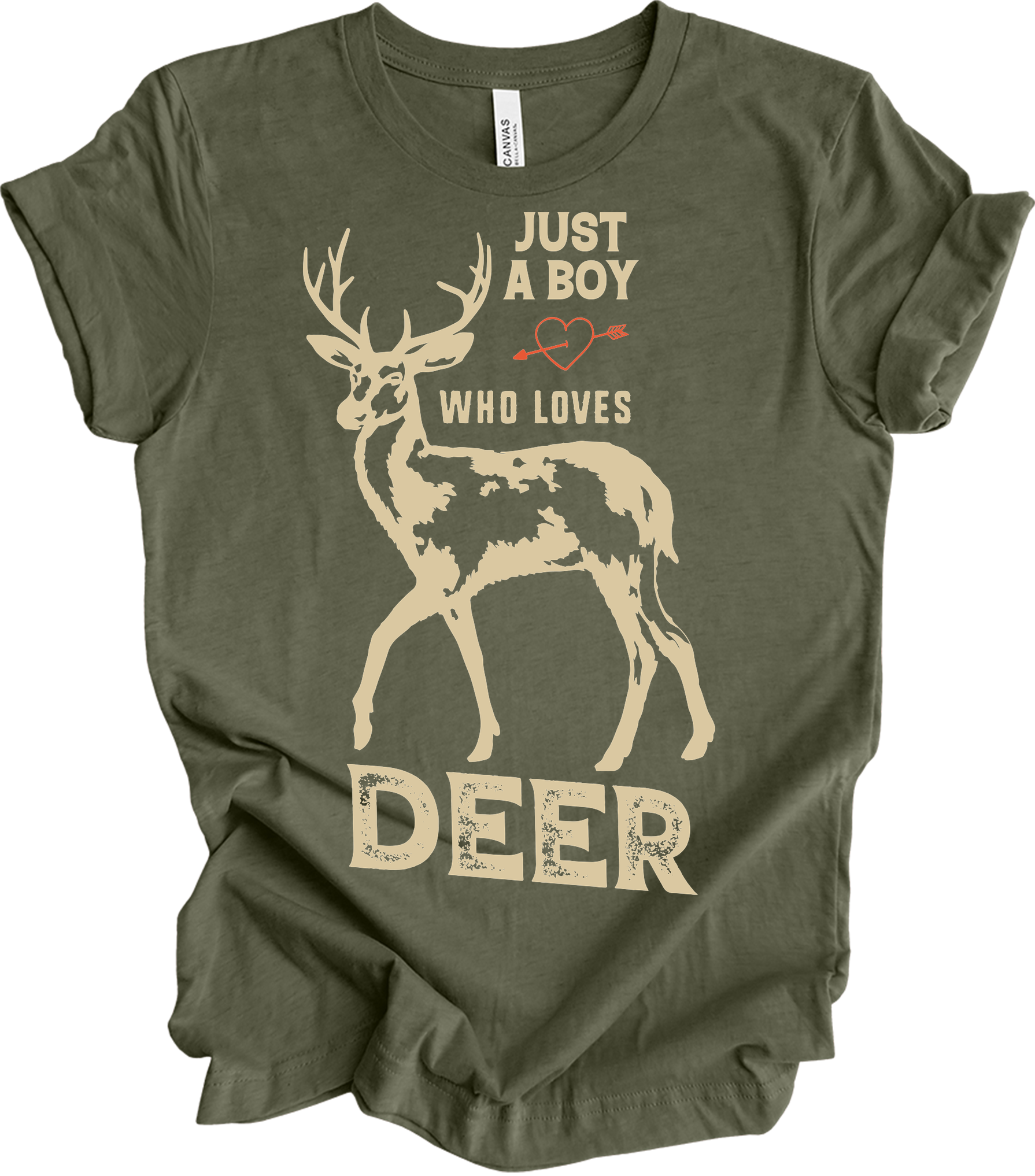 Just A Boy Who Loves Deer - Funny Hunter Gift T-Shirt in Heather Military Green