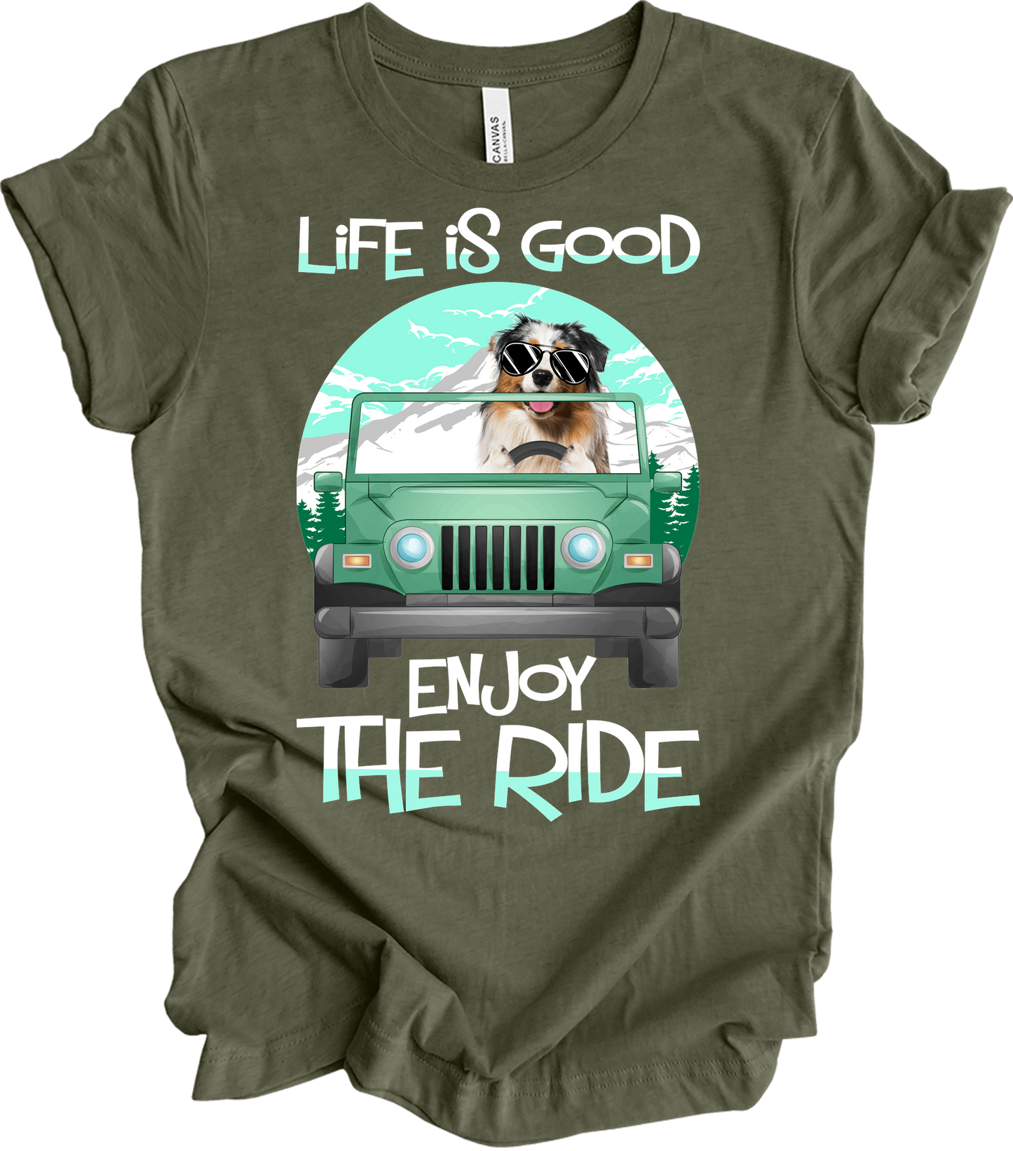 Australian Shepherd Jeep Dog - Life is Good Aussie Mom Gift T-Shirt in Heather Military Green