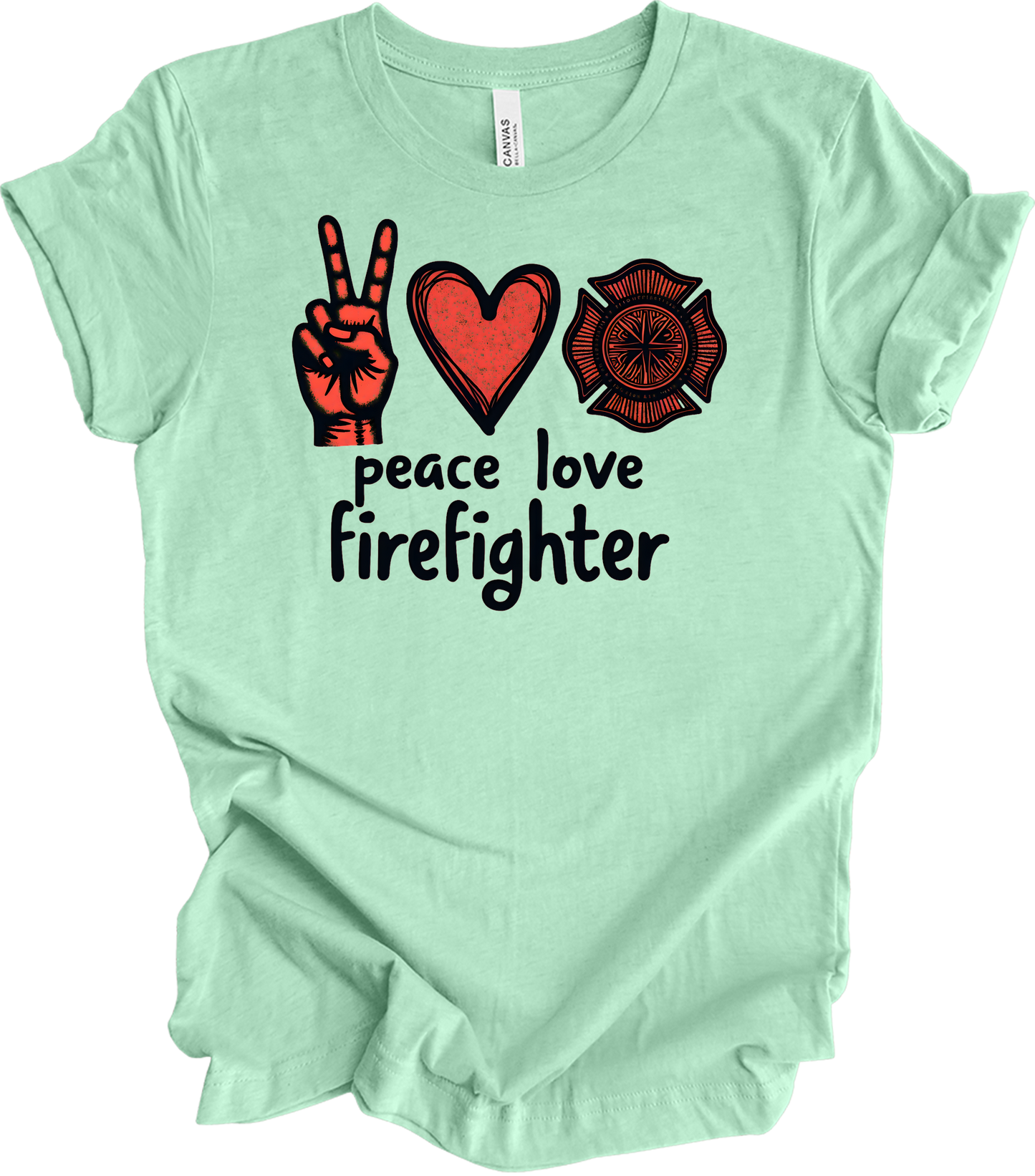 Peace Love Firefighter T-Shirt in Heather Mint