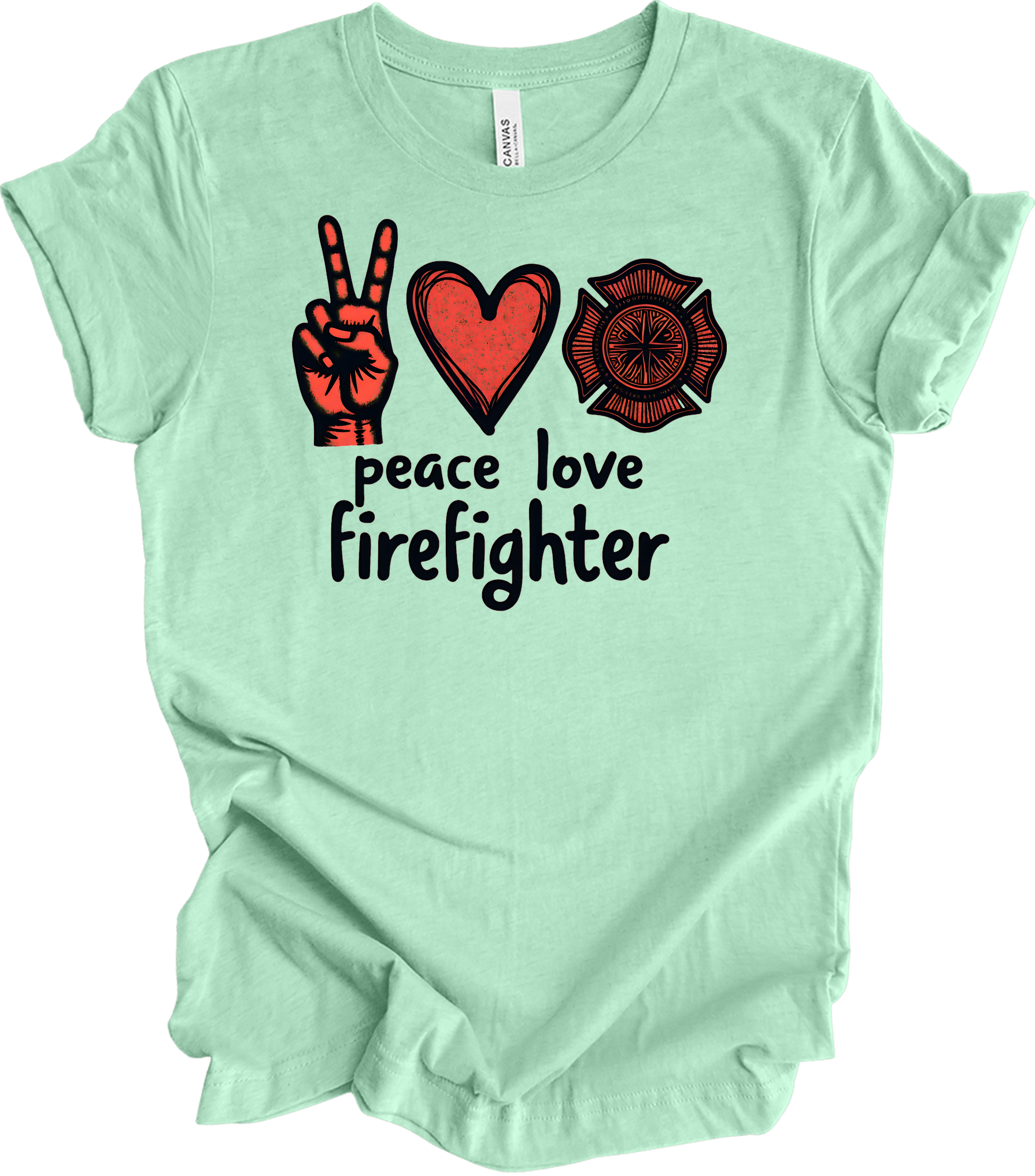 Peace Love Firefighter T-Shirt in Heather Mint