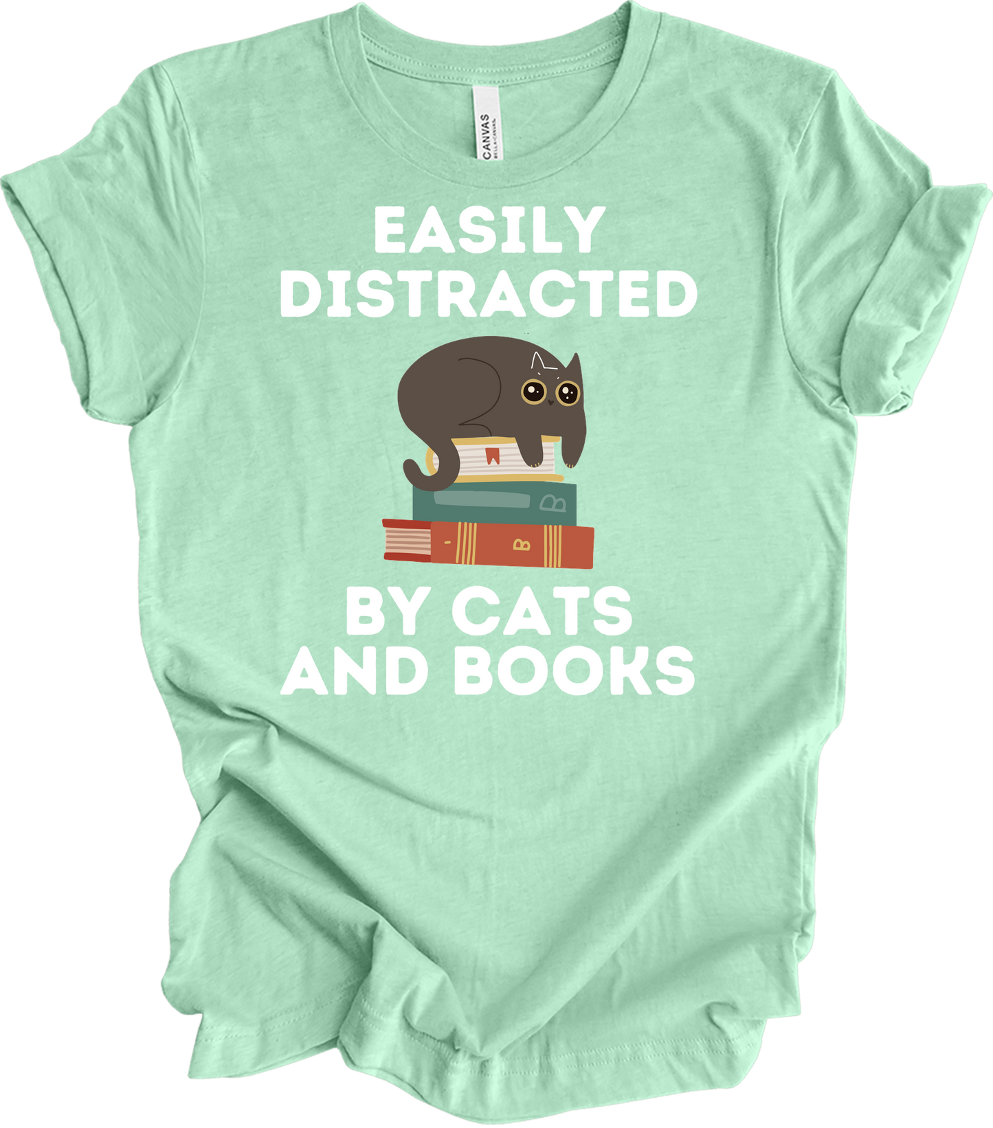Cats and Books - Cute Cat Lover & Bookworm T-Shirt in Heather Mint