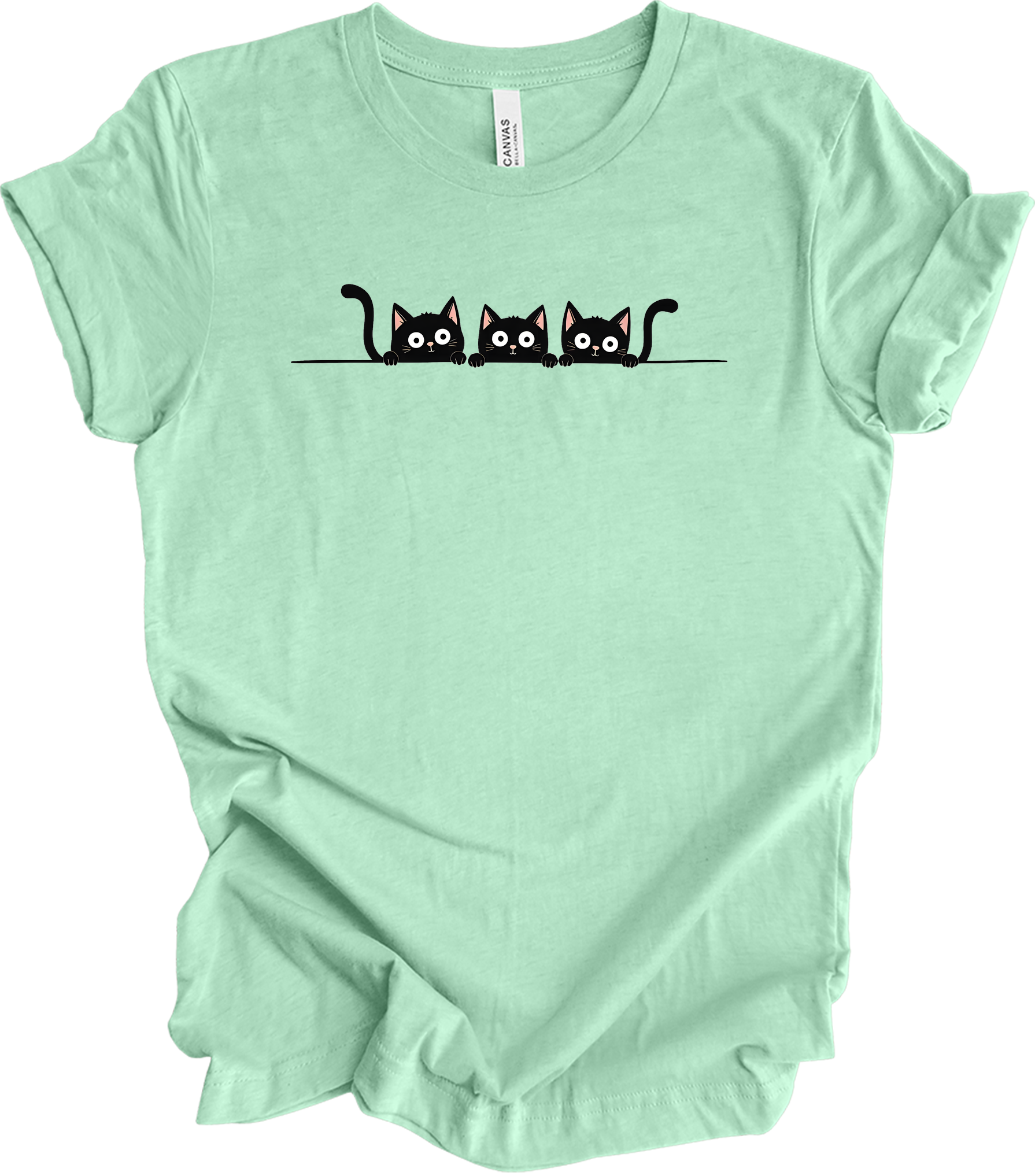Three Black Cats Cartoon T-Shirt in Heather Mint
