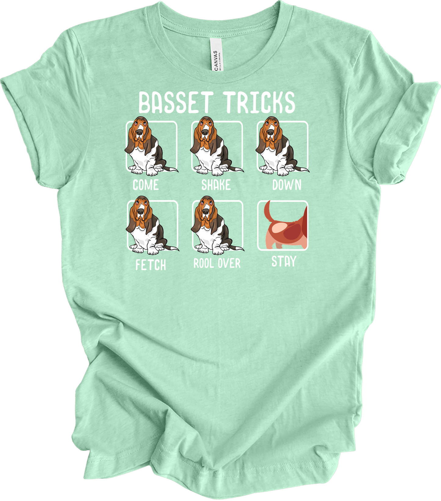 Basset Tricks Dog T-Shirt in Heather Mint