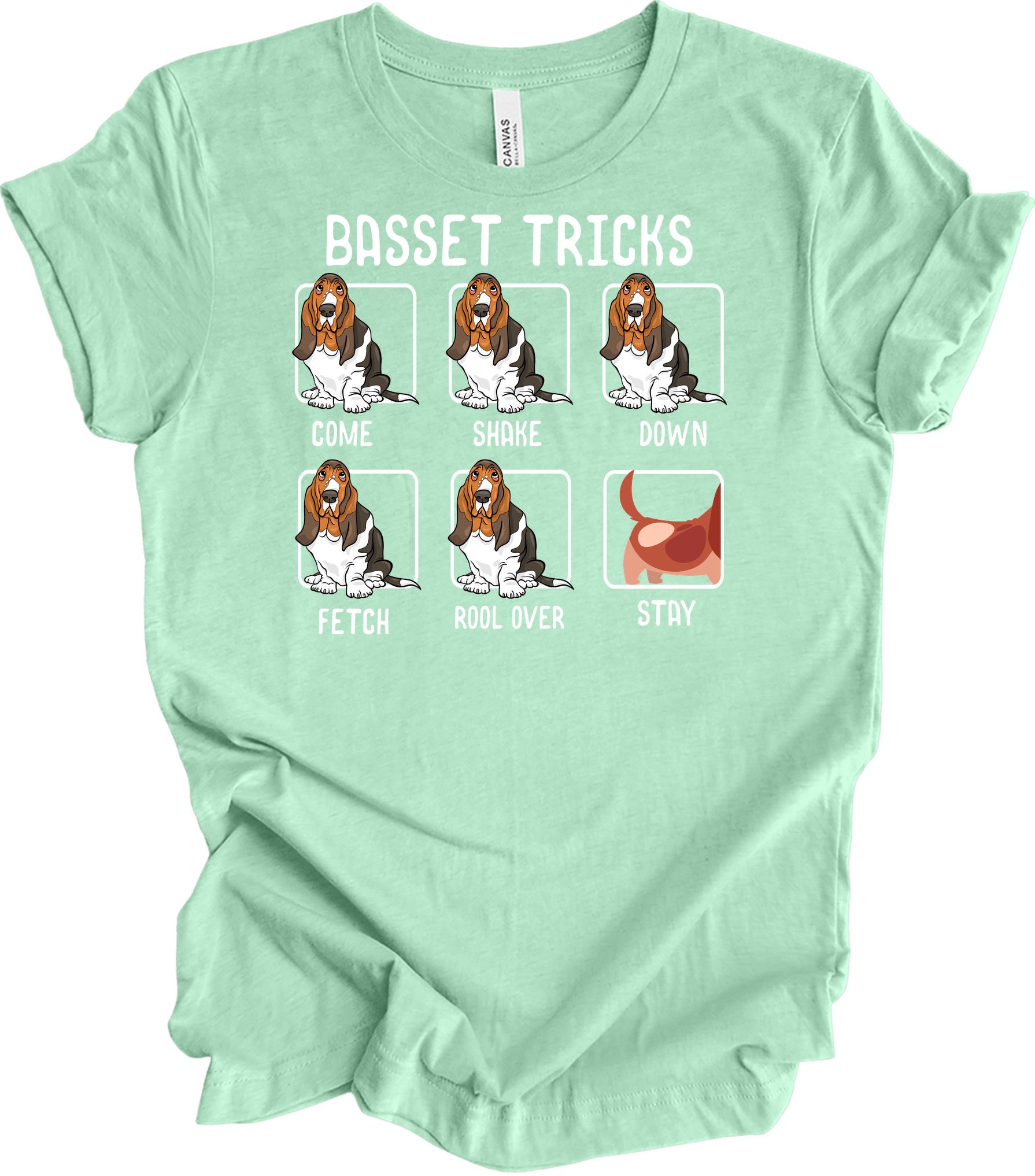 Basset Tricks Dog T-Shirt in Heather Mint