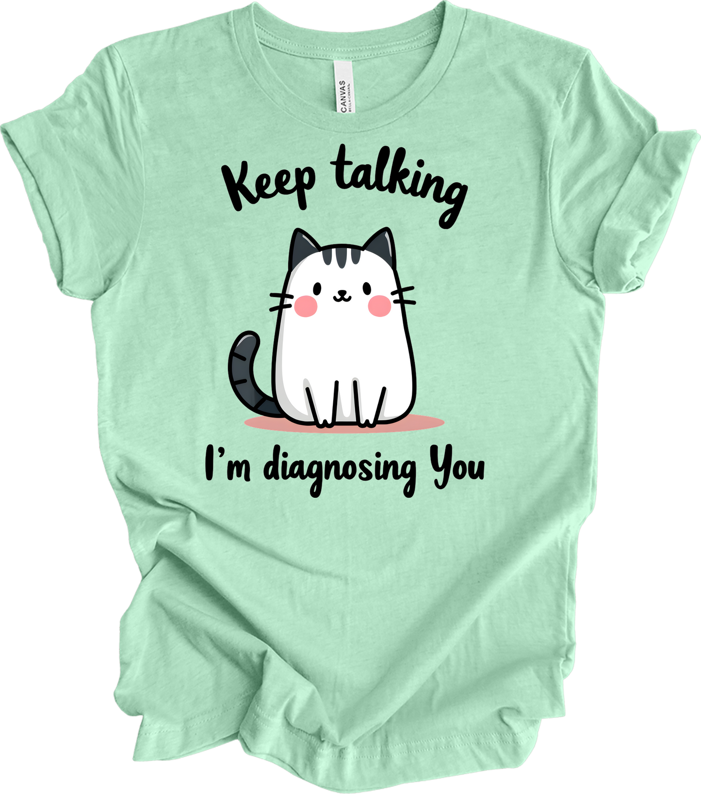 Kawaii Cat 'Keep Talking' T-Shirt in Heather Mint