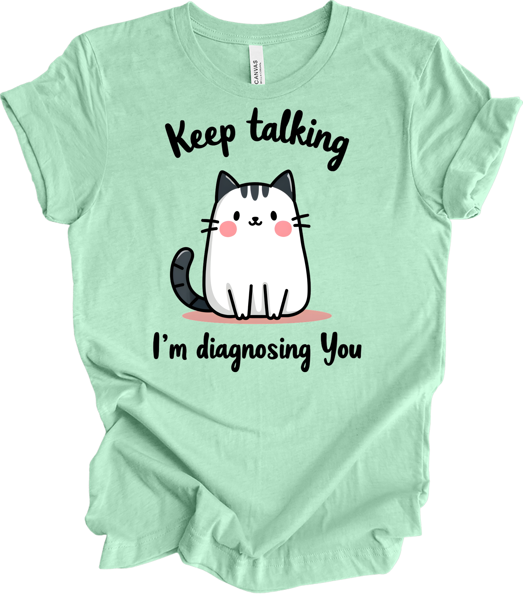 Kawaii Cat 'Keep Talking' T-Shirt in Heather Mint