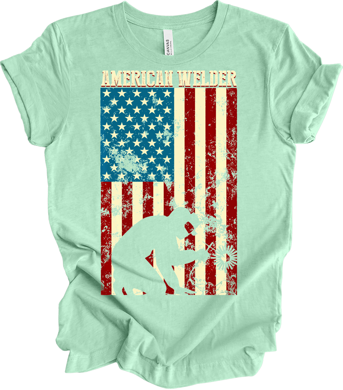 American Flag Welder T-Shirt in Heather Mint