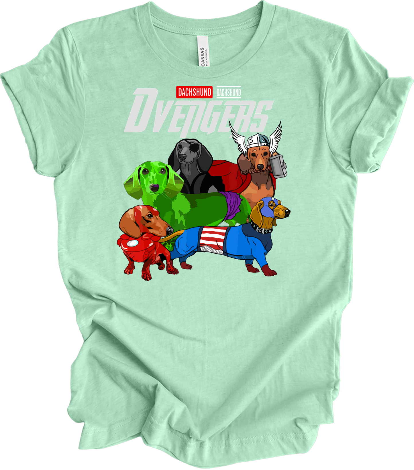 Dachshund Dvengers Funny Dog Lover Superhero T-Shirt in Heather Mint