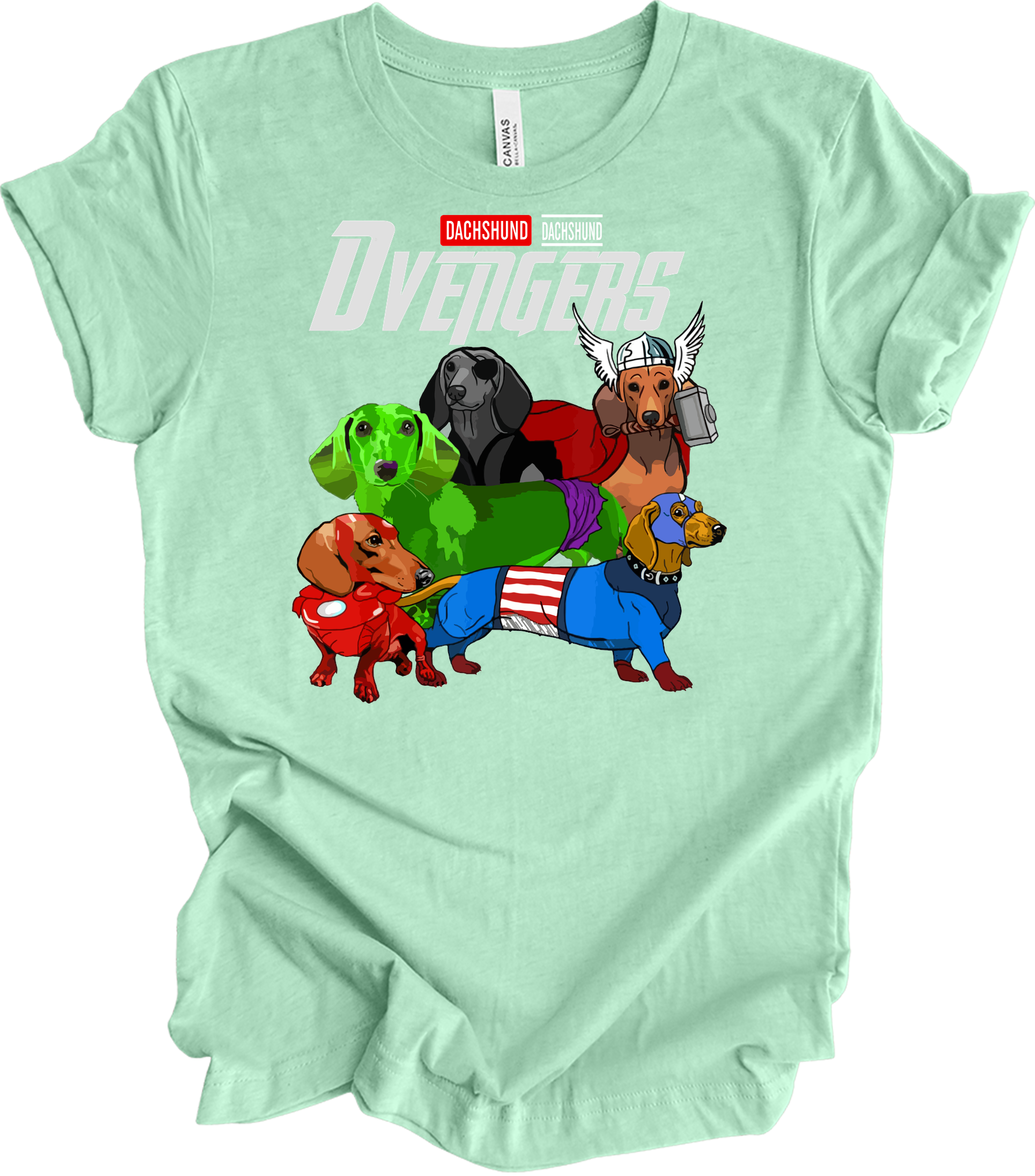 Dachshund Dvengers Funny Dog Lover Superhero T-Shirt in Heather Mint