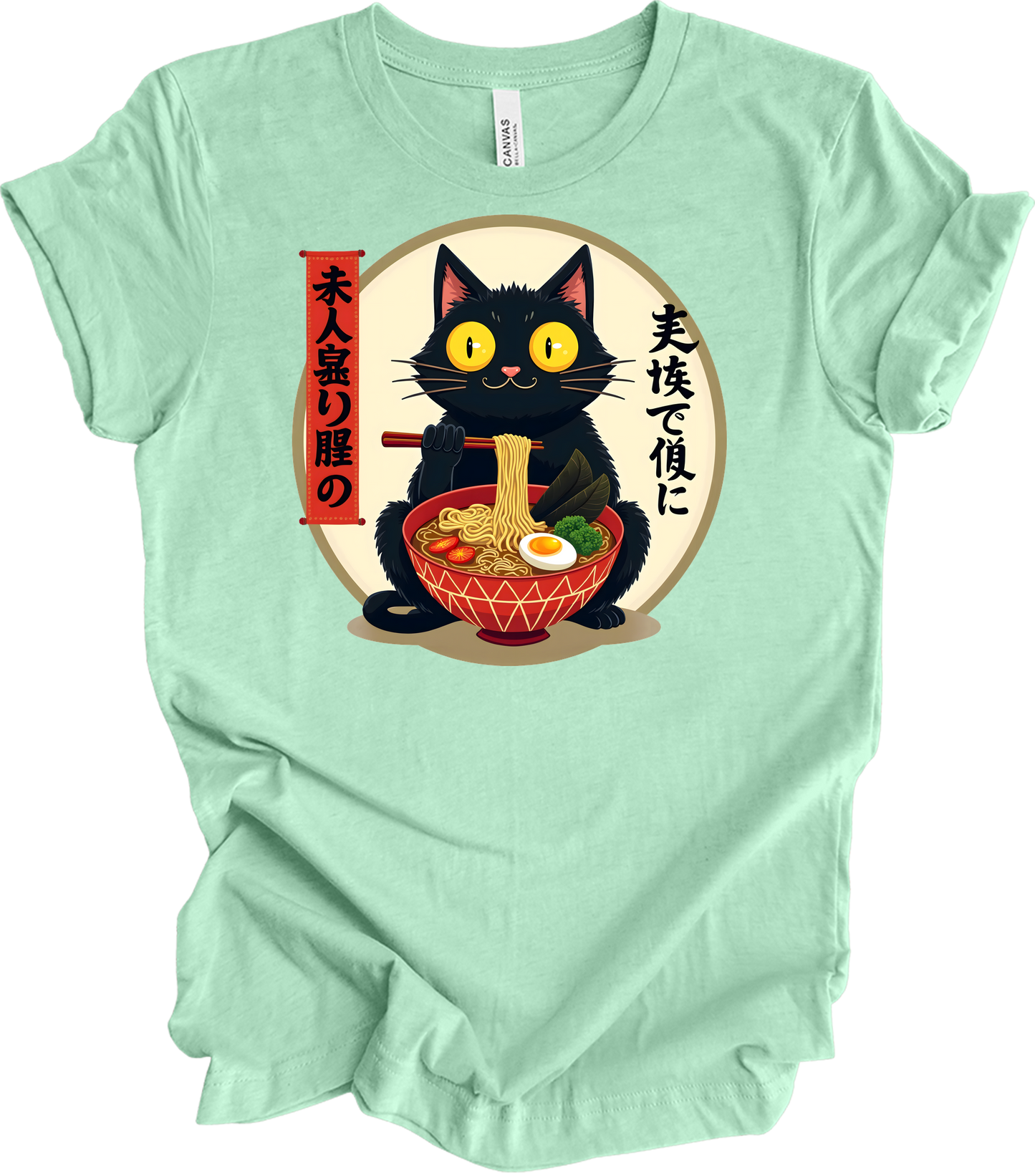 Kawaii Cat Ramen - Anime Design T-Shirt in Heather Mint