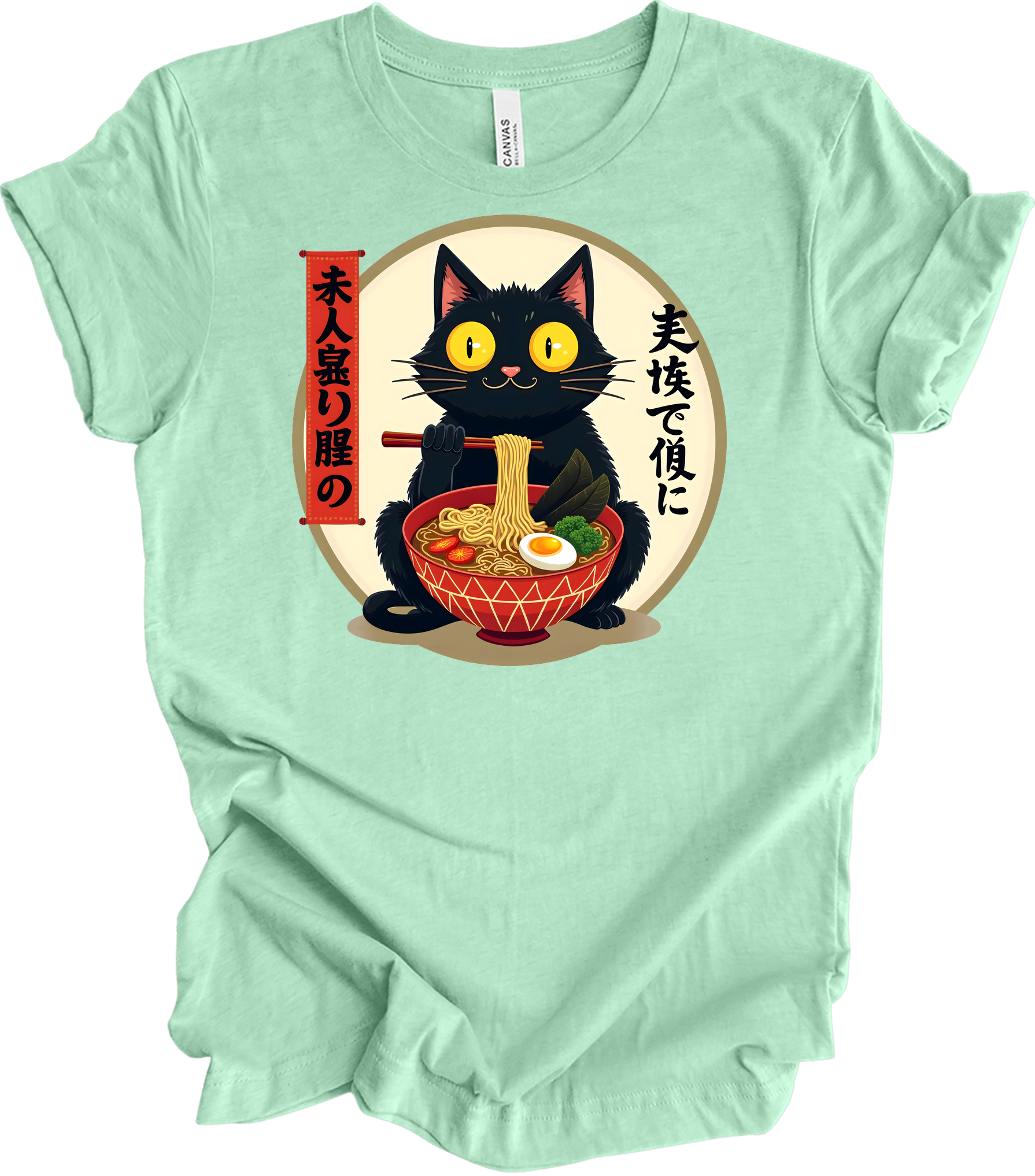 Kawaii Cat Ramen - Anime Design T-Shirt in Heather Mint