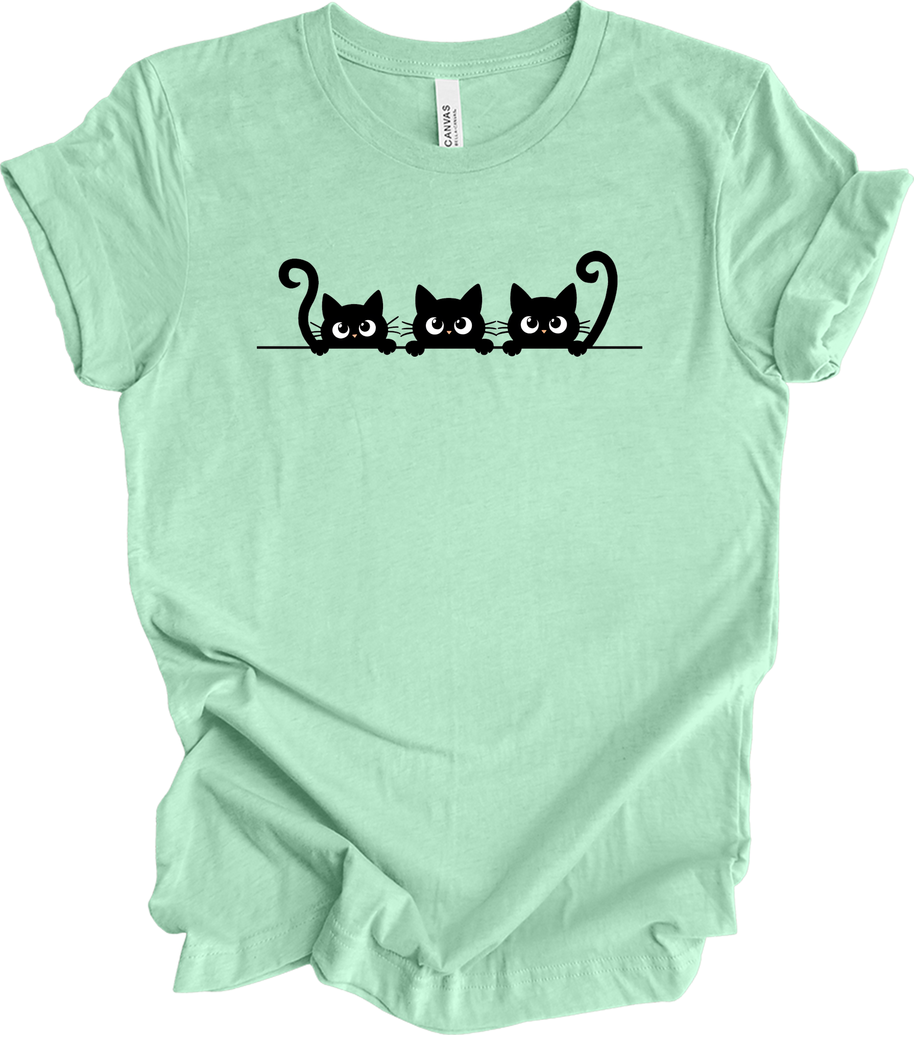 Three Cats Cartoon Eyes T-Shirt in Heather Mint