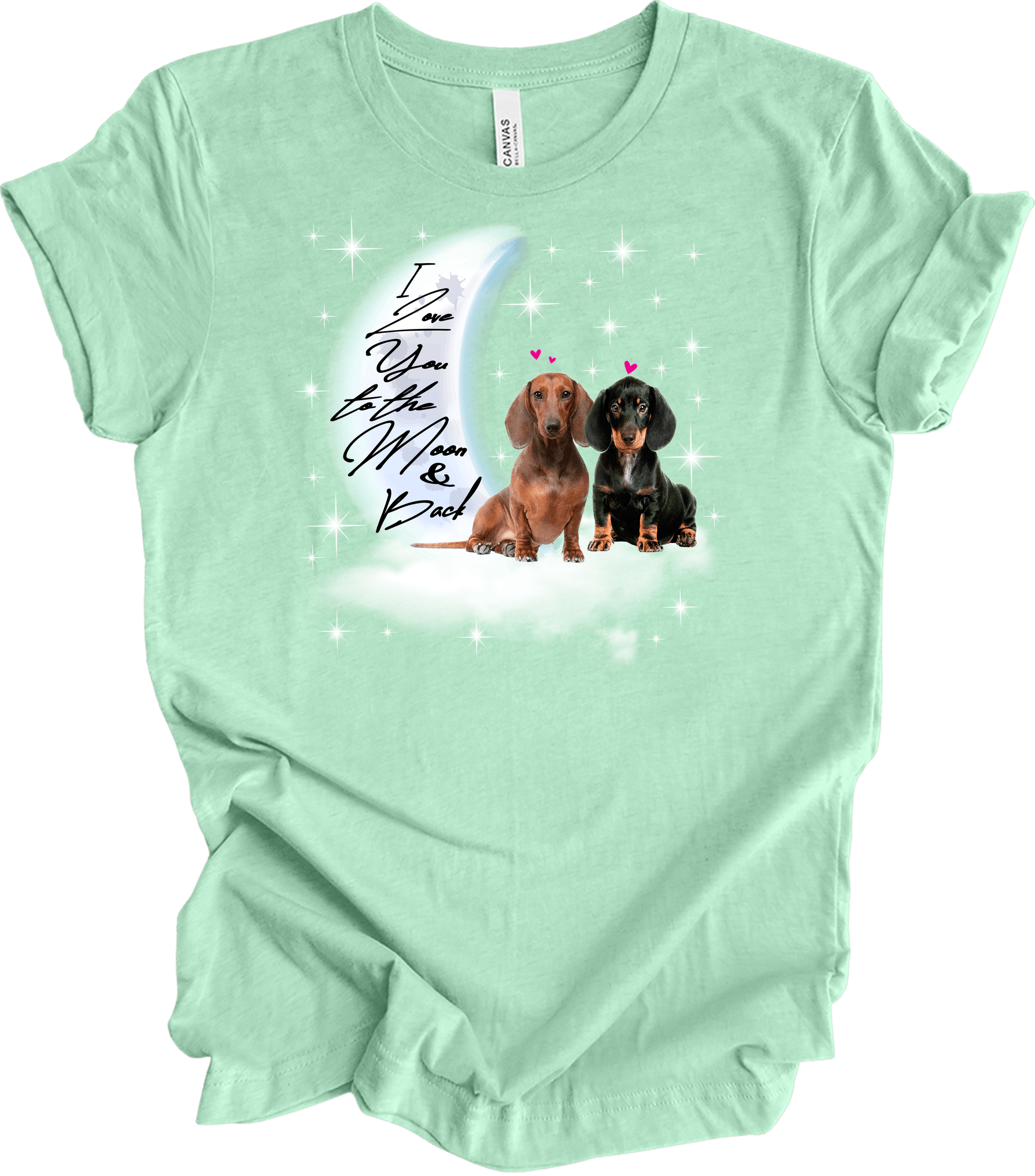 Dachshund Moon Love T-Shirt in Heather Mint