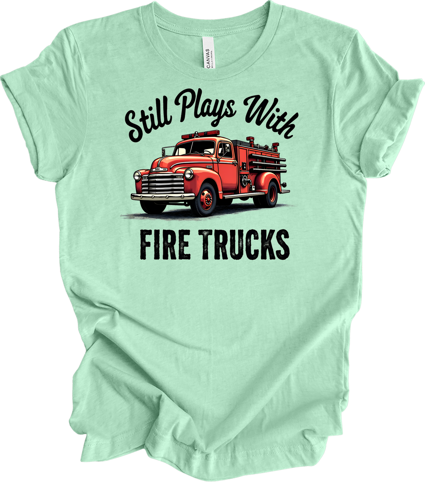 Still Plays With Fire Trucks T-Shirt in Heather Mint