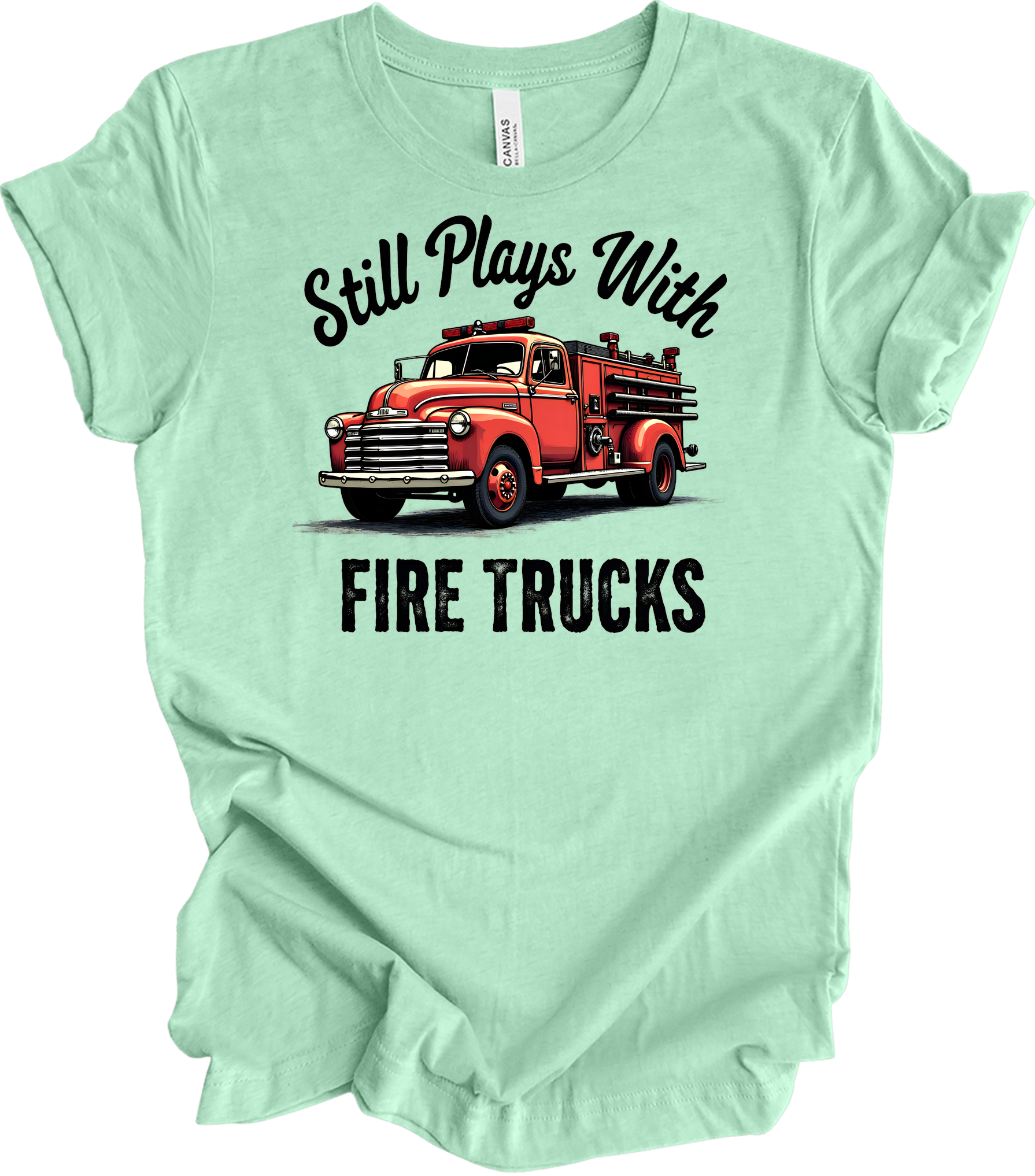 Still Plays With Fire Trucks T-Shirt in Heather Mint