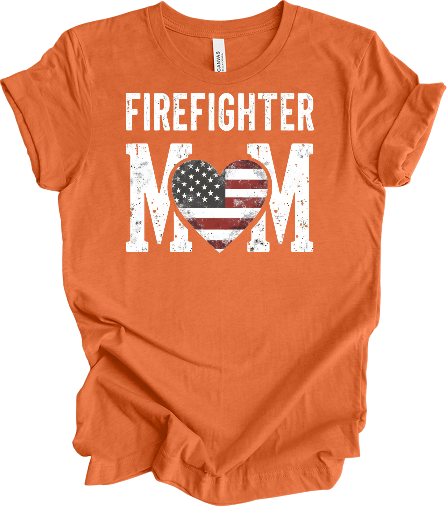 Firefighter Mom Flag Heart T-Shirt in Heather Orange