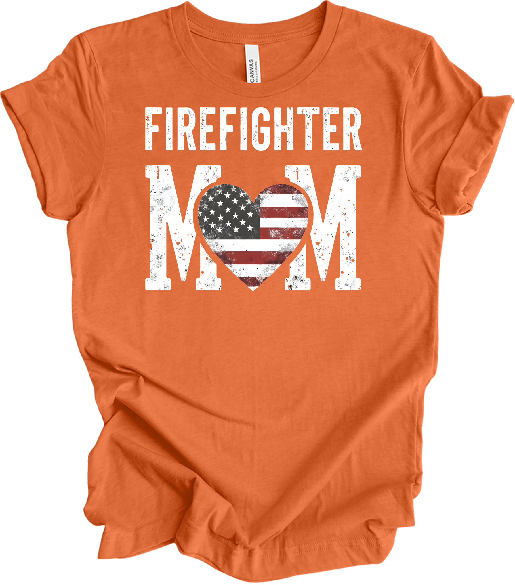 Firefighter Mom Flag Heart T-Shirt in Heather Orange