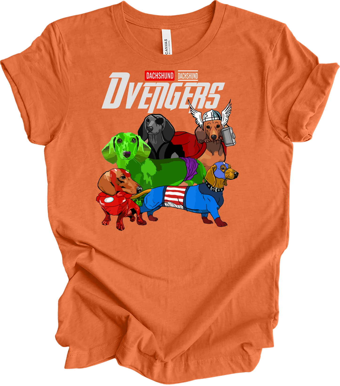 Dachshund Dvengers Funny Dog Lover Superhero T-Shirt in Heather Orange