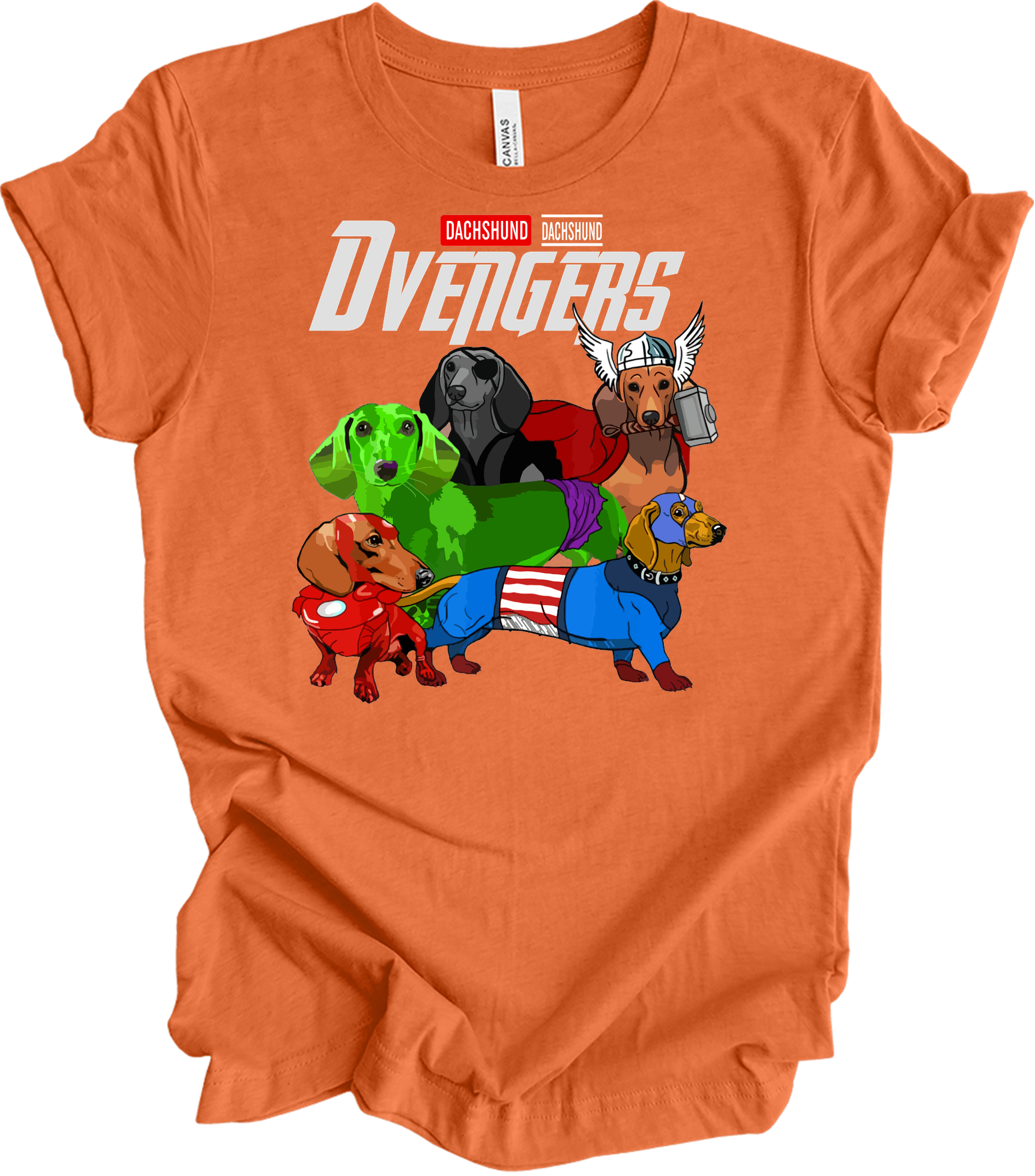 Dachshund Dvengers Funny Dog Lover Superhero T-Shirt in Heather Orange