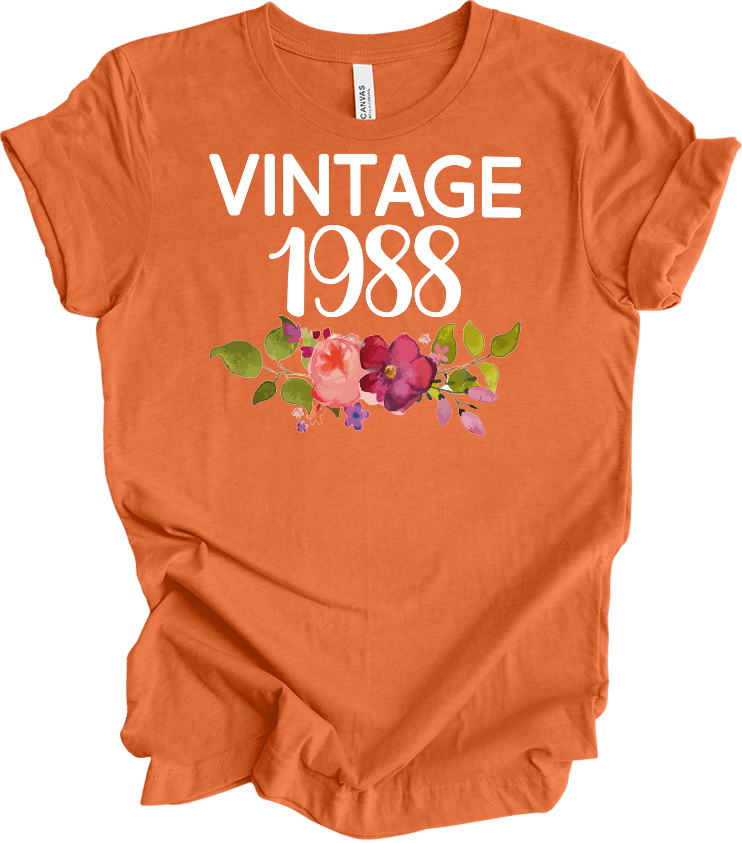 Vintage 1988 Birth Year Floral - 35th Birthday Gift T-Shirt in Heather Orange