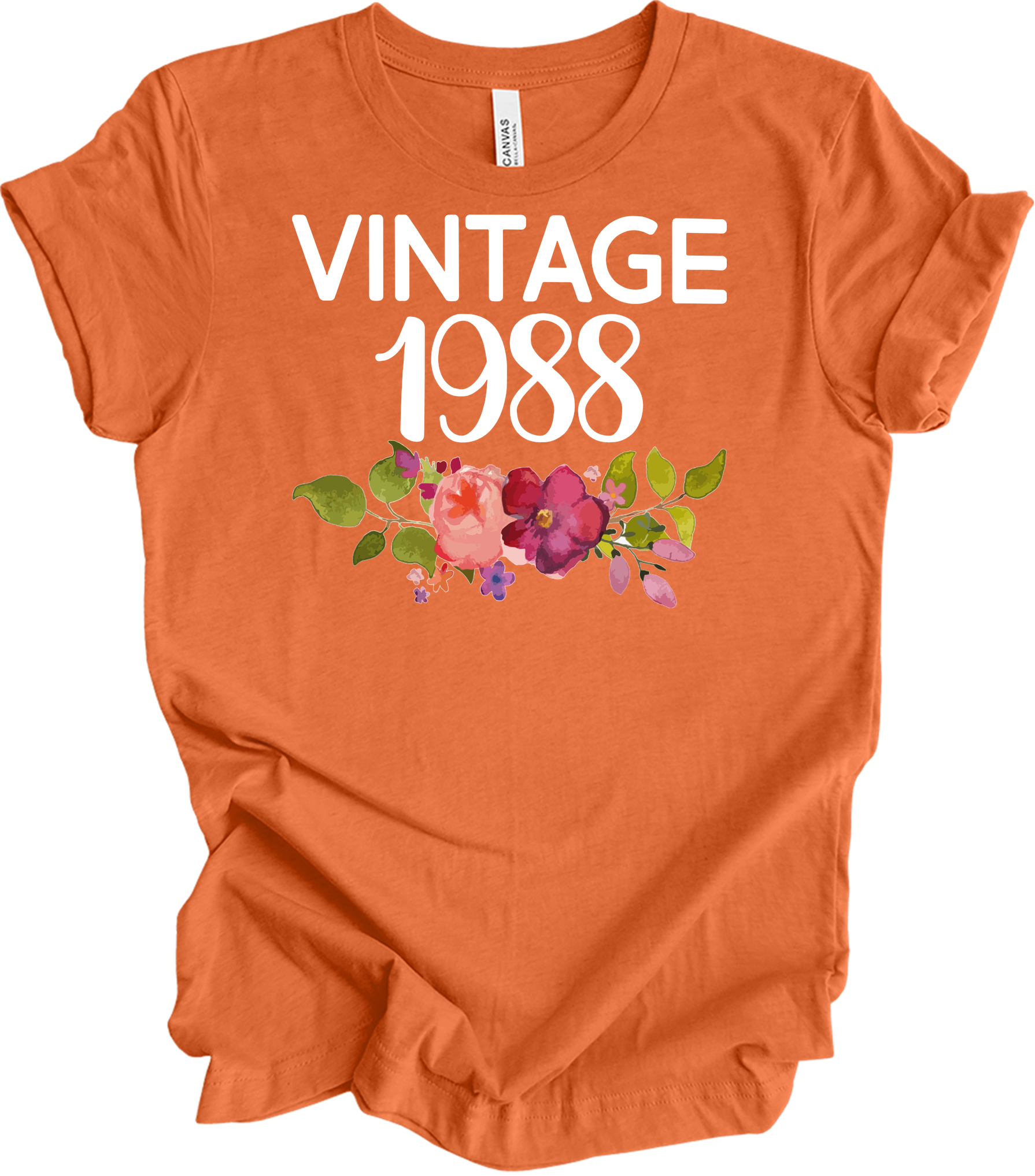 Vintage 1988 Birth Year Floral - 35th Birthday Gift T-Shirt in Heather Orange