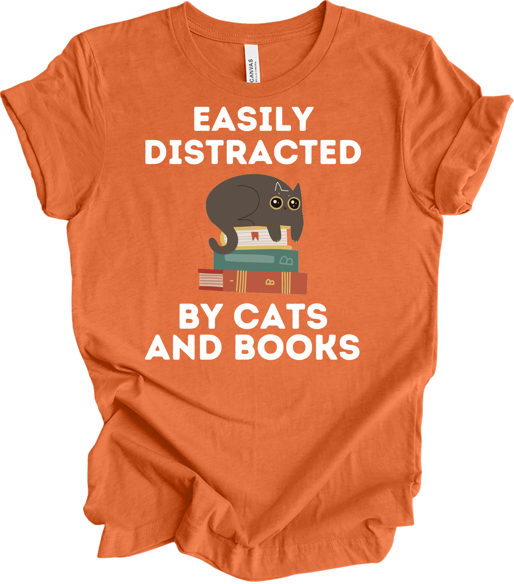Cats and Books - Cute Cat Lover & Bookworm T-Shirt in Heather Orange