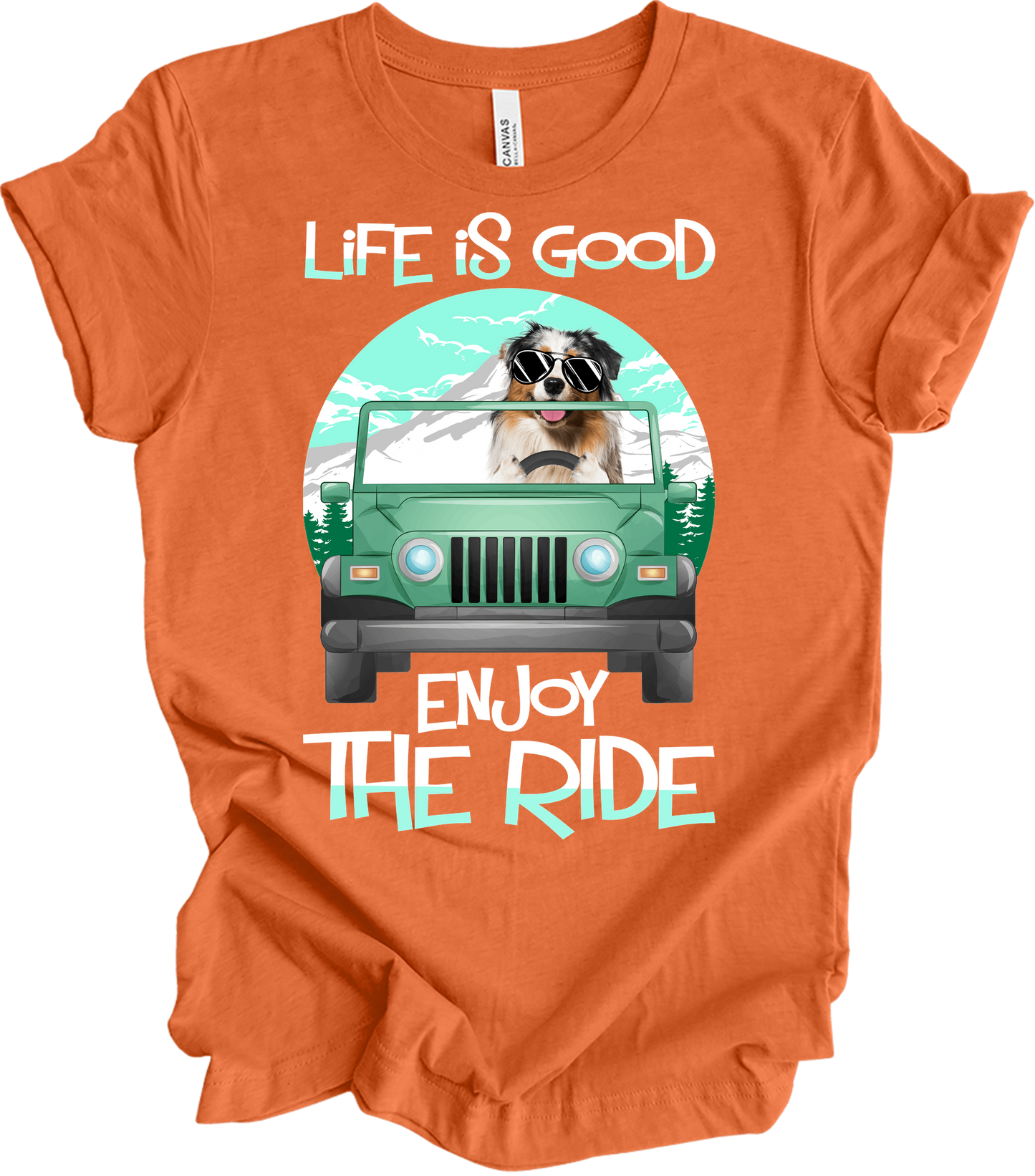 Australian Shepherd Jeep Dog - Life is Good Aussie Mom Gift T-Shirt in Heather Orange