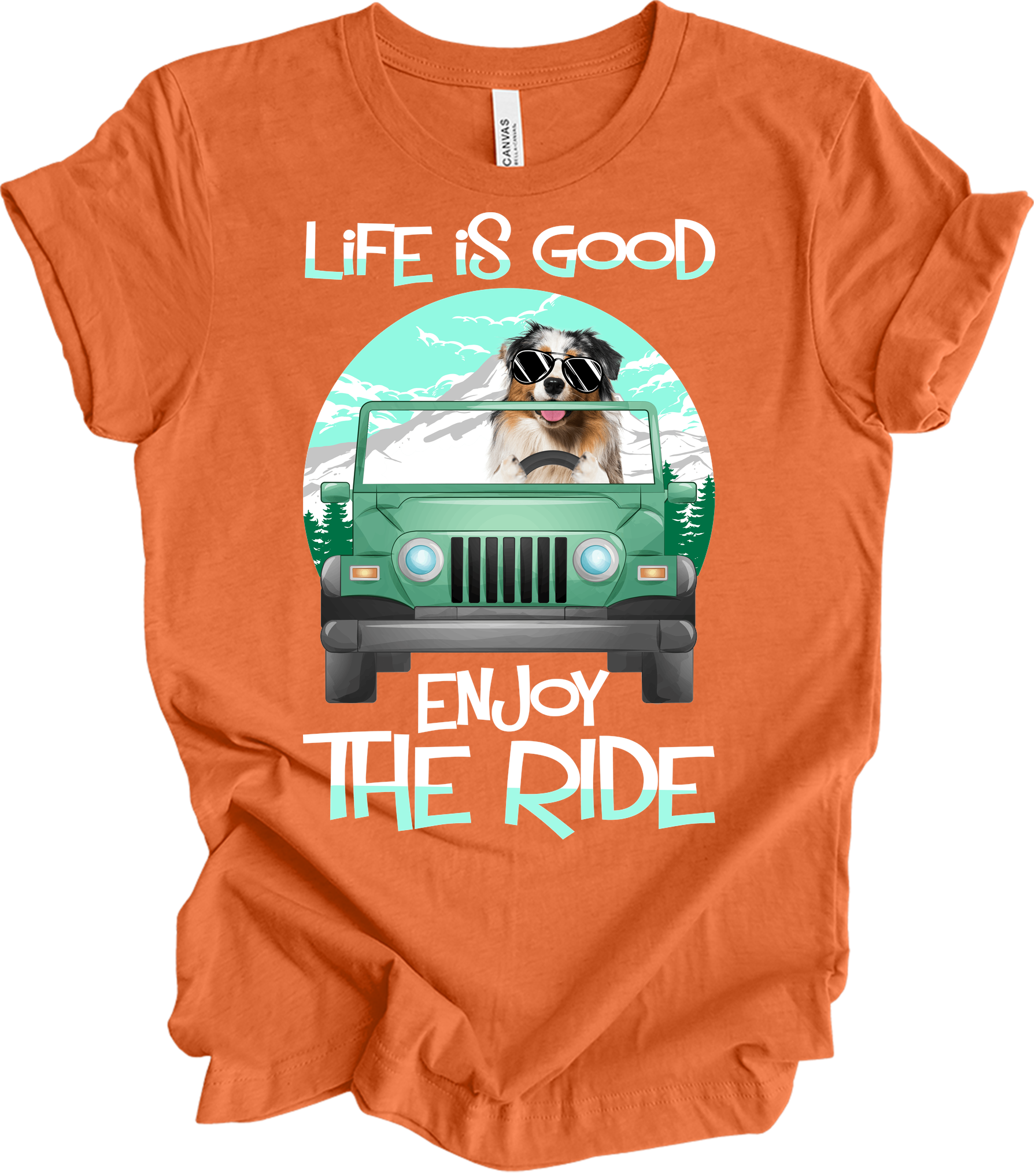 Australian Shepherd Jeep Dog - Life is Good Aussie Mom Gift T-Shirt in Heather Orange