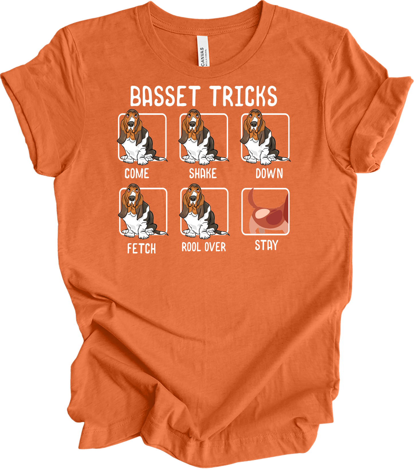 Basset Tricks Dog T-Shirt in Heather Orange