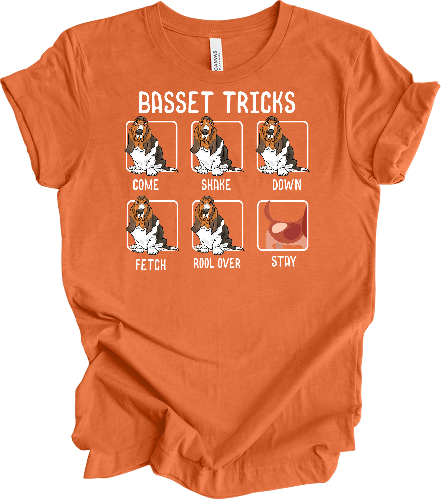 Basset Tricks Dog T-Shirt in Heather Orange