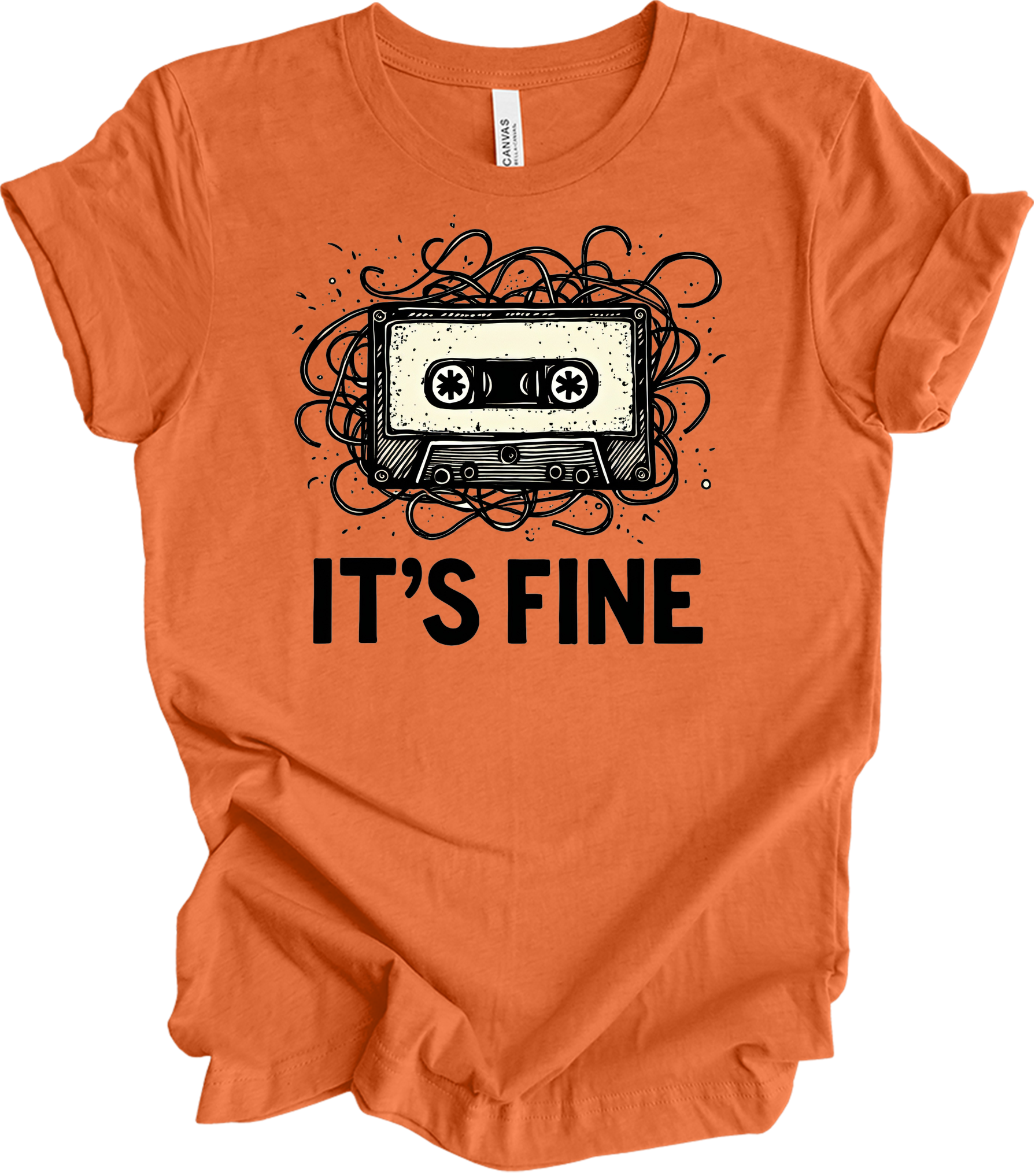 Retro Cassette Tape 'It's Fine' T-Shirt in Heather Orange
