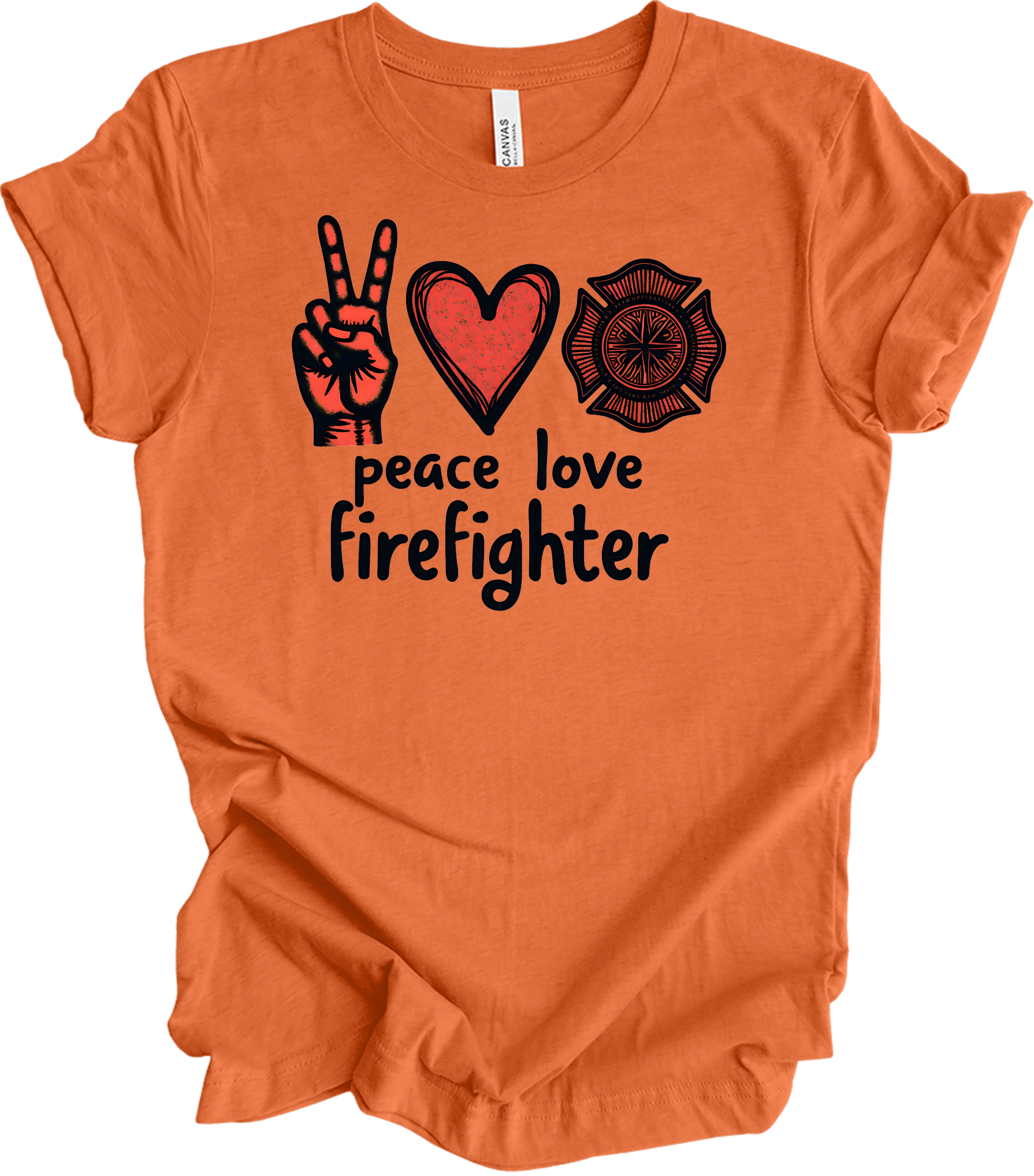 Peace Love Firefighter T-Shirt in Heather Orange