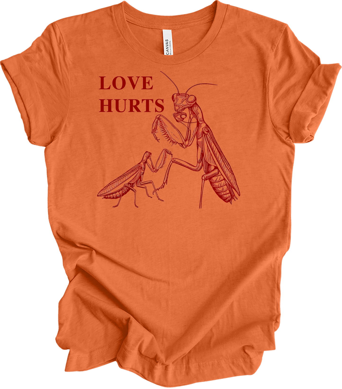 Love Hurts Praying Mantis T-Shirt in Heather Orange