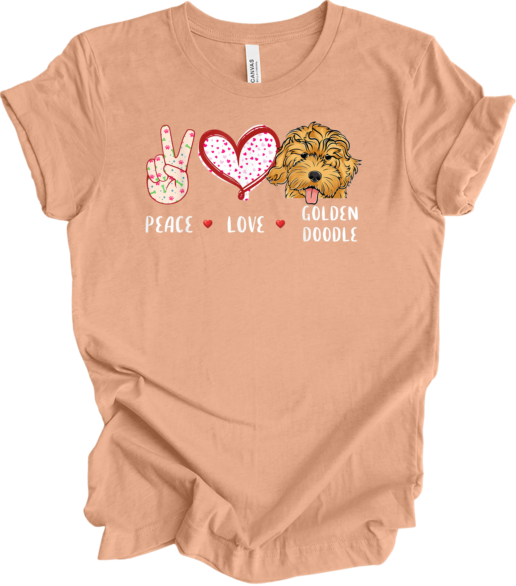 Peace Love Golden Doodle T-Shirt in Heather Peach