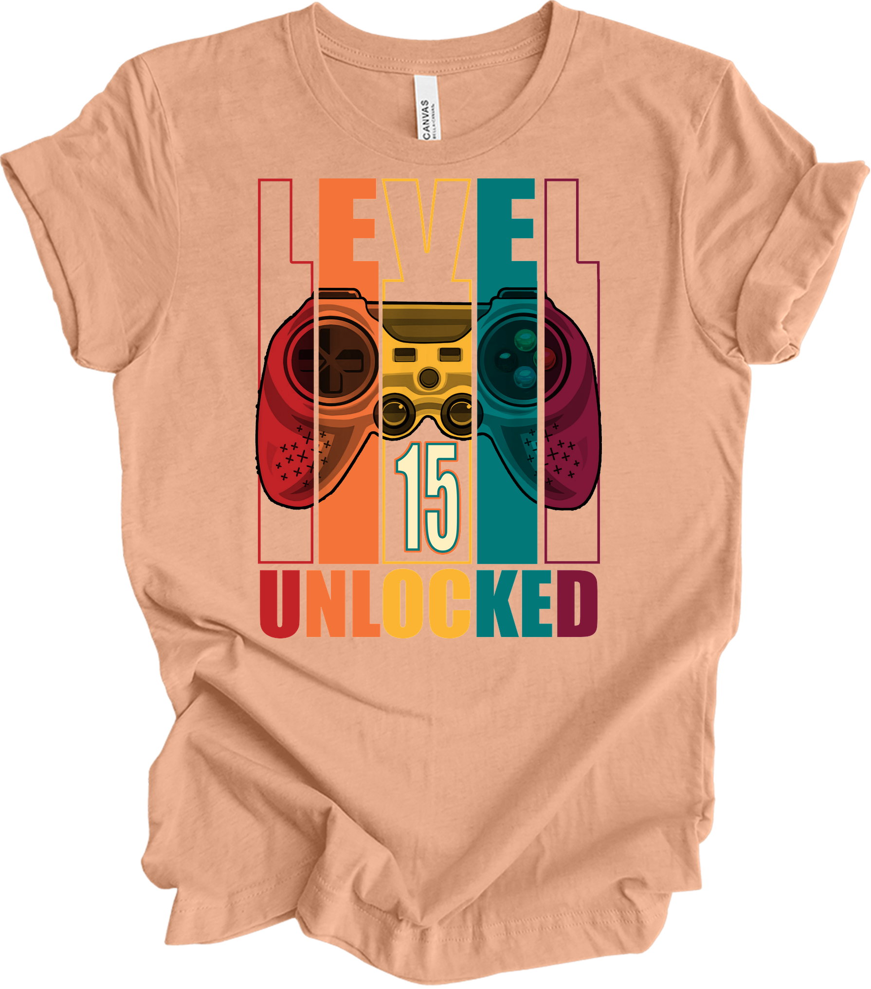 Level 15 Unlocked Gamer T-Shirt in Heather Peach