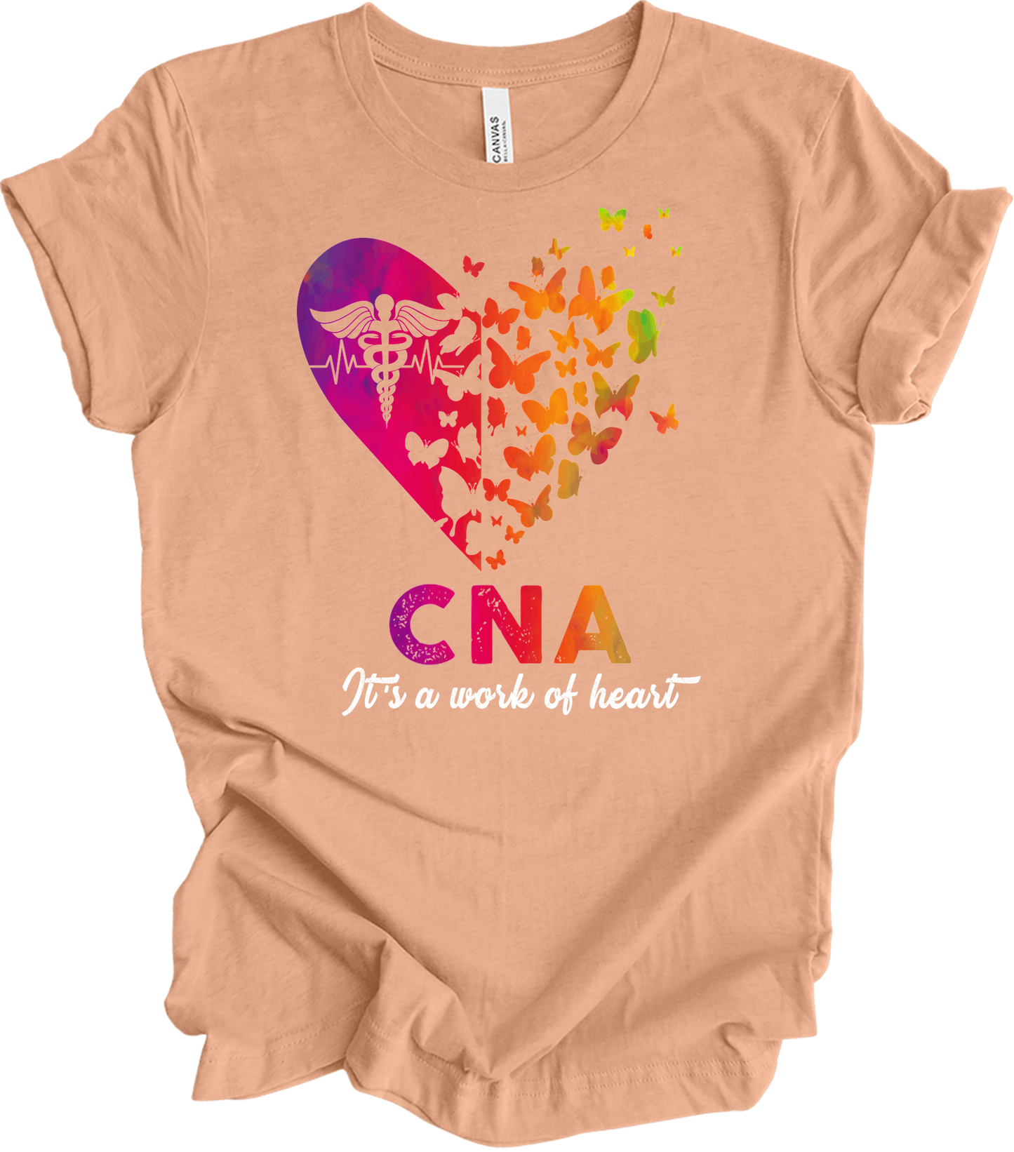 CNA Butterfly Hear - Certified Nursing Assistant Gift T-Shirt in Heather Peach