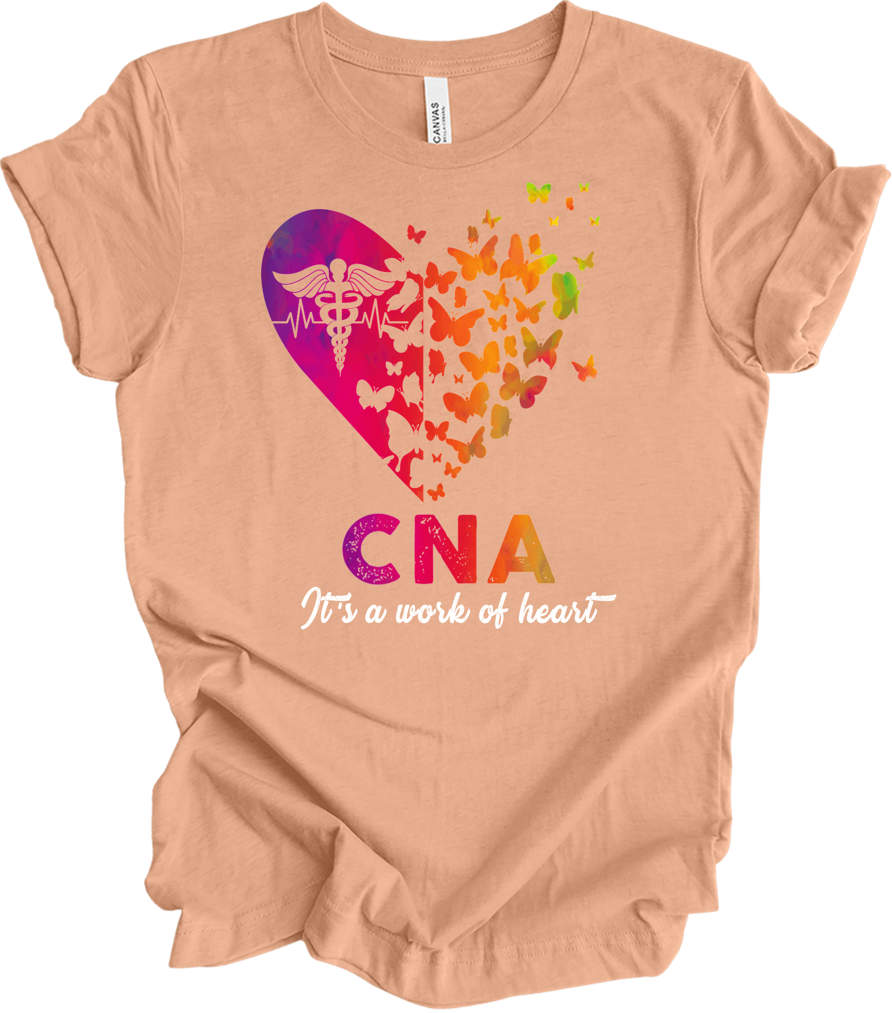 CNA Butterfly Hear - Certified Nursing Assistant Gift T-Shirt in Heather Peach