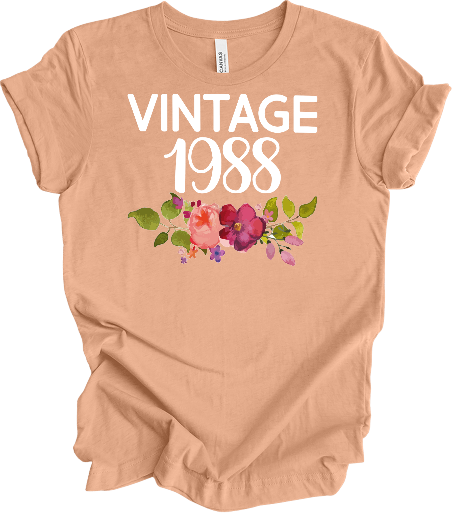 Vintage 1988 Birth Year Floral - 35th Birthday Gift T-Shirt in Heather Peach