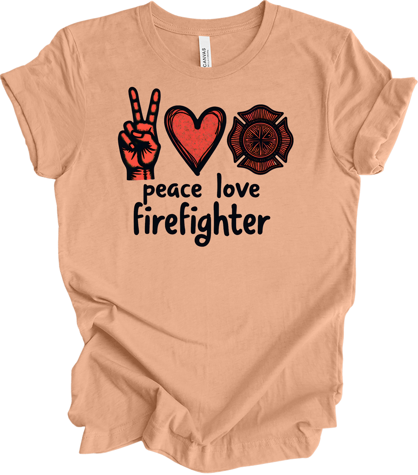 Peace Love Firefighter T-Shirt in Heather Peach