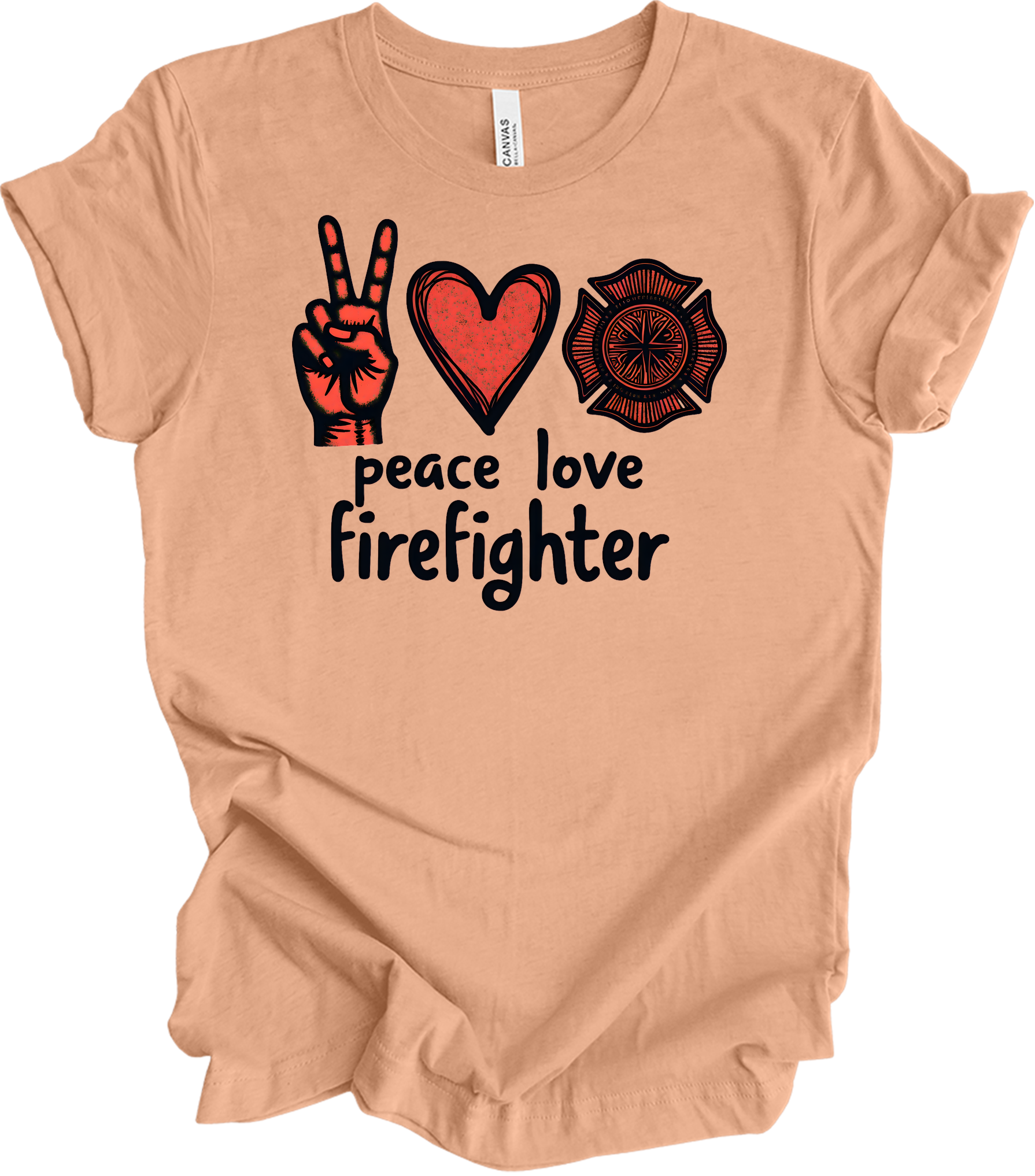 Peace Love Firefighter T-Shirt in Heather Peach