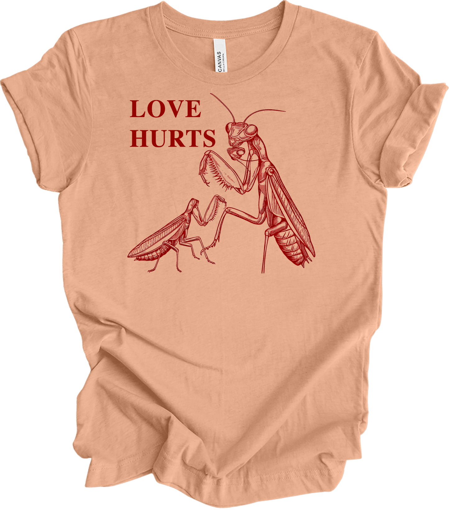 Love Hurts Praying Mantis T-Shirt in Heather Peach