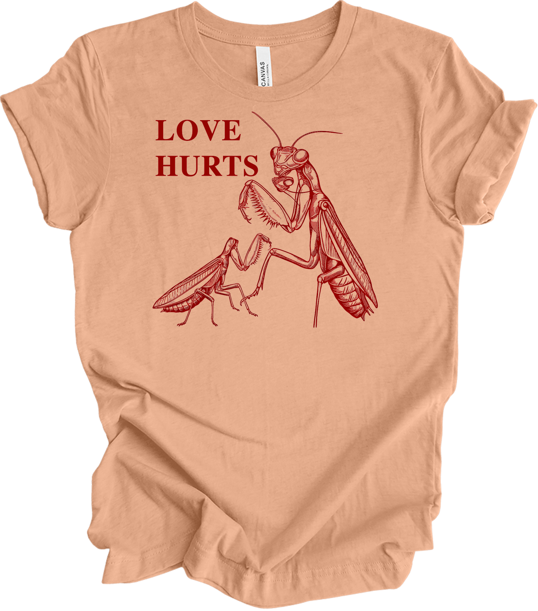 Love Hurts Praying Mantis T-Shirt in Heather Peach