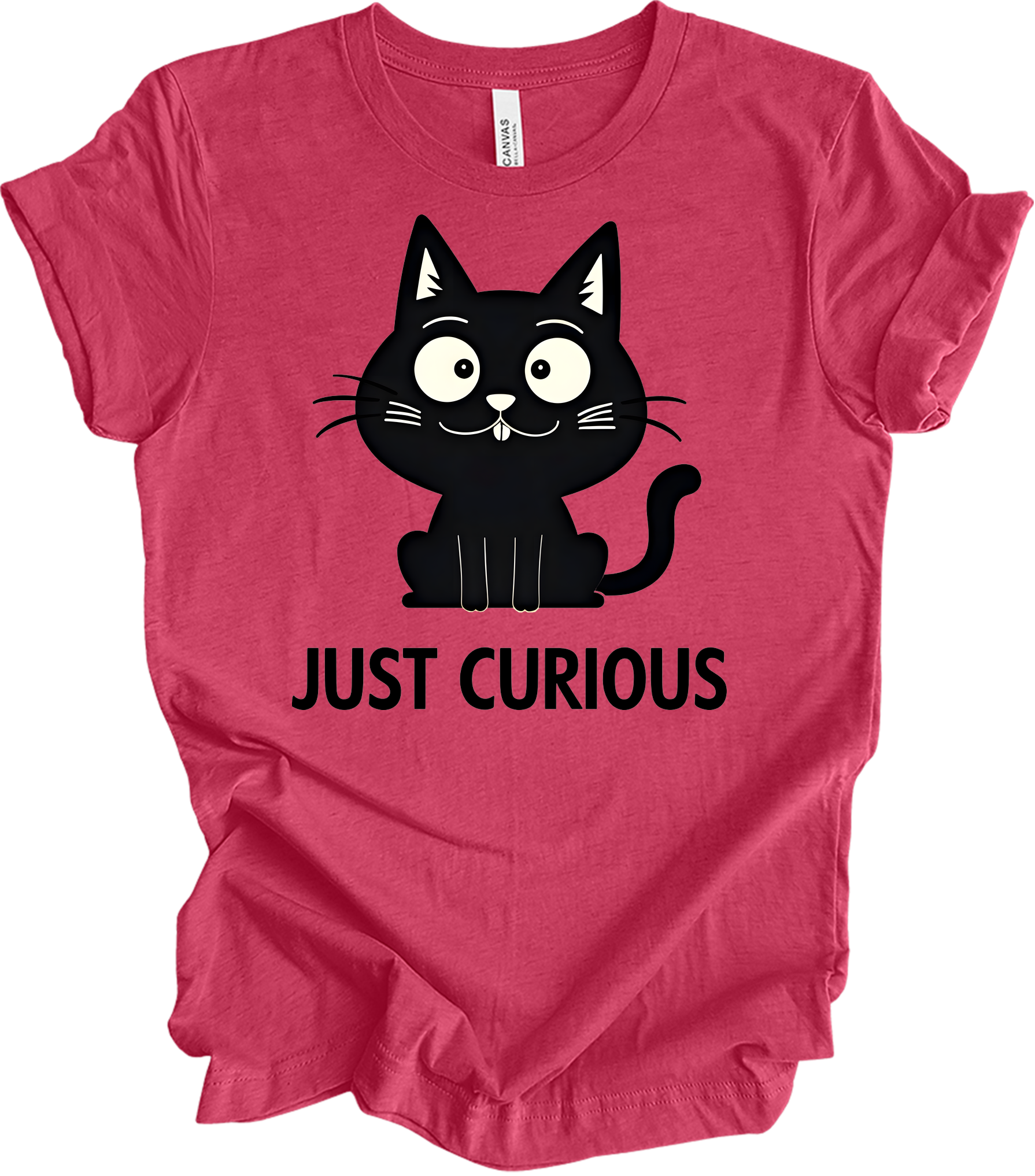 Curious Cat - Funny Black Cat Design T-Shirt in Heather Raspberry