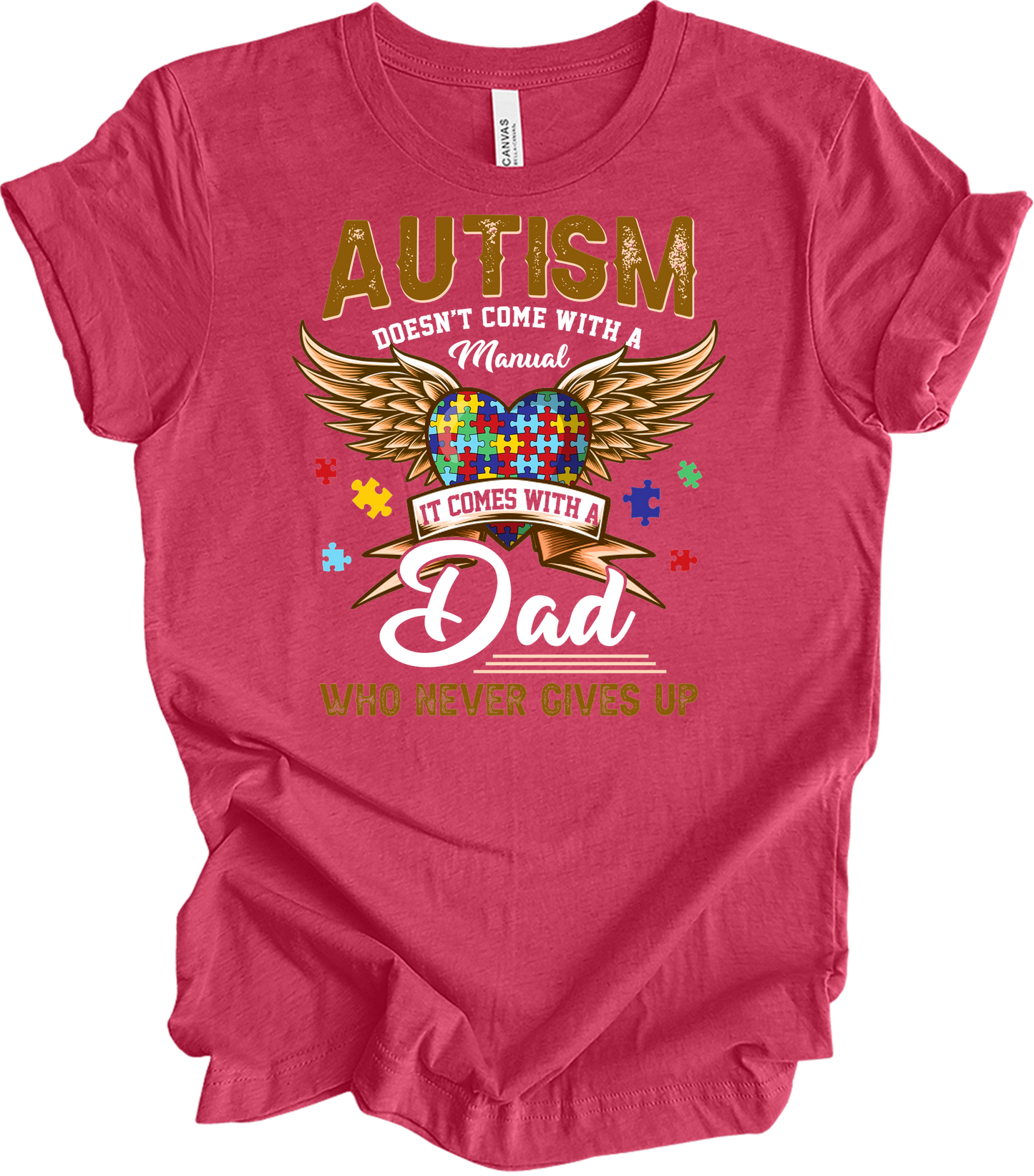 Autism Dad Heart Puzzle T-Shirt in Heather Raspberry